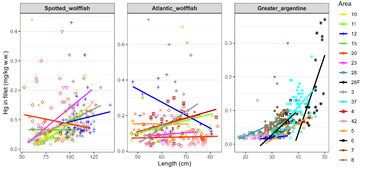 Figur som viser kvikksølvkonsentrasjon mot lengde for hver fisk av de tre artene. Fisk fra samm område har samme symbol og farge og det er lagt til trendlinjer for hver område.