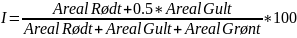 Uttrykk for beregning av ROC-indeksen som summen av hele det røde arealet og halve det gule, delt på det totale arealet av produksjonsområdet