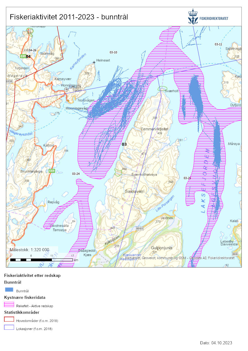 Figuren viser kartutsnitt over Porsangerfjorden og Laksefjorden, der rekefeltet er representert med rosa-skraverte felt. Tråltrekkene (fiskeriaktiviteten) er vist med blå linjer og felter, først og fremst inne i rekefeltene, men også noe utenfor (nord for Honningsvåg). Aktiviteten er konsentrert i ytre deler av Porsangerfjorden, ytre deler av Laksefjorden og innover Laksefjorden på østsiden av rekefeltet. 