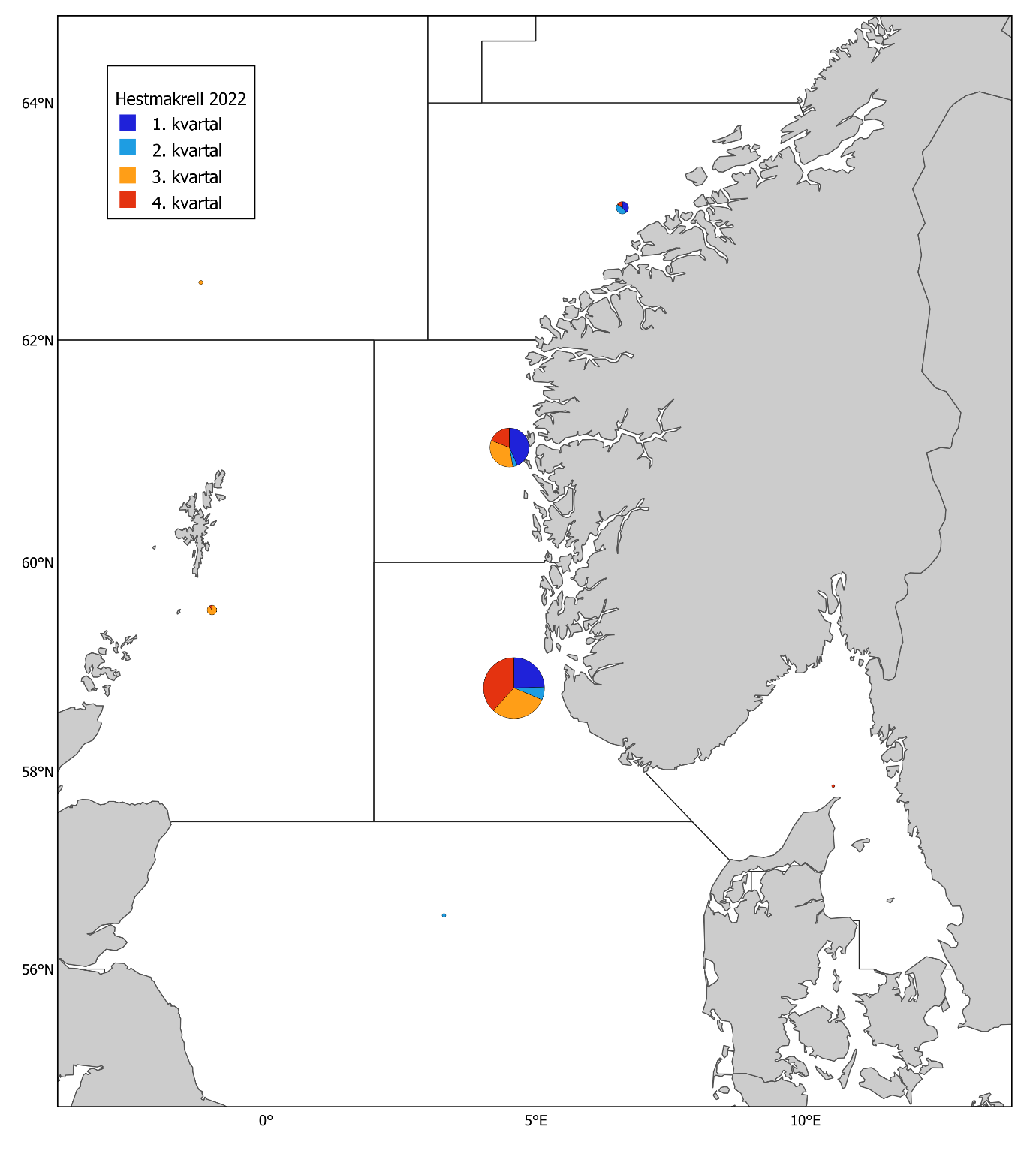 Figur 14. Hestmakrell 2022. Norske kommersielle fangster (runde kakediagram, størrelsen proporsjonal med fangstmengde) per statistisk hovedområde og kvartal, og prøver fra fangstprøvelotteriet (trekanter). Mørkeblå: 1. kvartal, lyseblå: 2. kvartal, oransje: 3. kvartal, og rød: 4. kvartal. Fangsten i 2022 var 3837 tonn og antall prøver fra fangstprøvelotteriet var 0.
