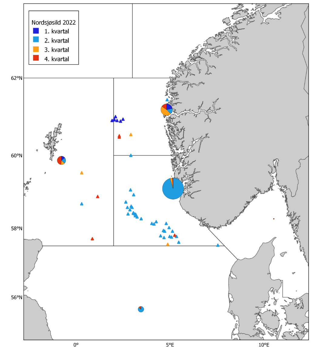 Figur 5. Norske kommersielle fangster (runde kakediagram, størrelsen proporsjonal med fangstmengde) per statistisk hovedområde og kvartal, og prøver fra fangstprøvelotteriet (trekanter). Mørkeblå: 1. kvartal, lyseblå: 2. kvartal, oransje: 3. kvartal og rød: 4. kvartal. Fangsten i 2022 var 133 969 tonn og antall prøver fra fangstprøvelotteriet var 49. 