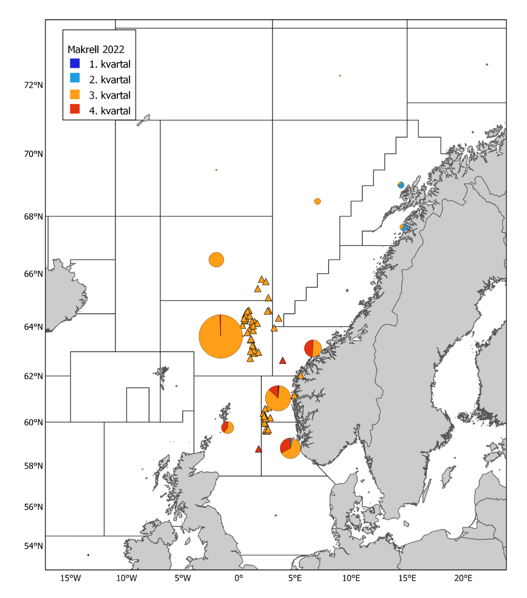 Figur 8. Makrell 2022. Norske kommersielle fangster (runde kakediagram, størrelsen proporsjonal med fangstmengde) per statistisk hovedområde og kvartal, og prøver fra fangstprøvelotteriet (trekanter). Fangsten i 2022 var 294 086 tonn og antall prøver fra fangstprøvelotteriet var 79.