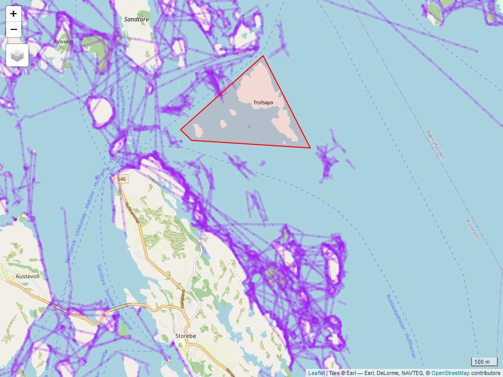 Mangel på fiskespor i hummerfredningsområdet i Austevoll (rød polygon).