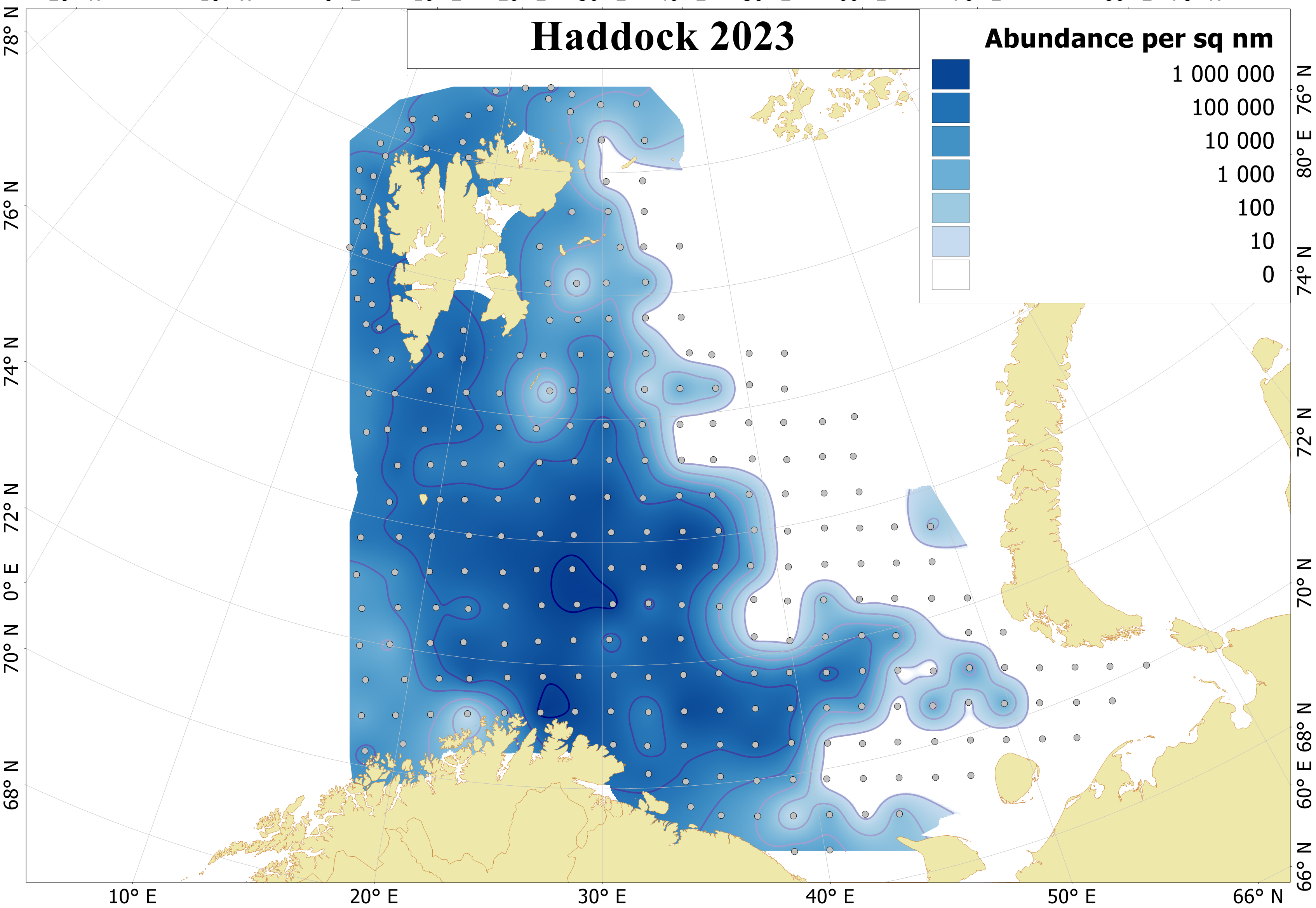 Figure 6.3.1. Distribution of 0-group haddock, August-September 2023. Abundance are corrected for capture efficiency (Keff). Dots indicate sampling locations.