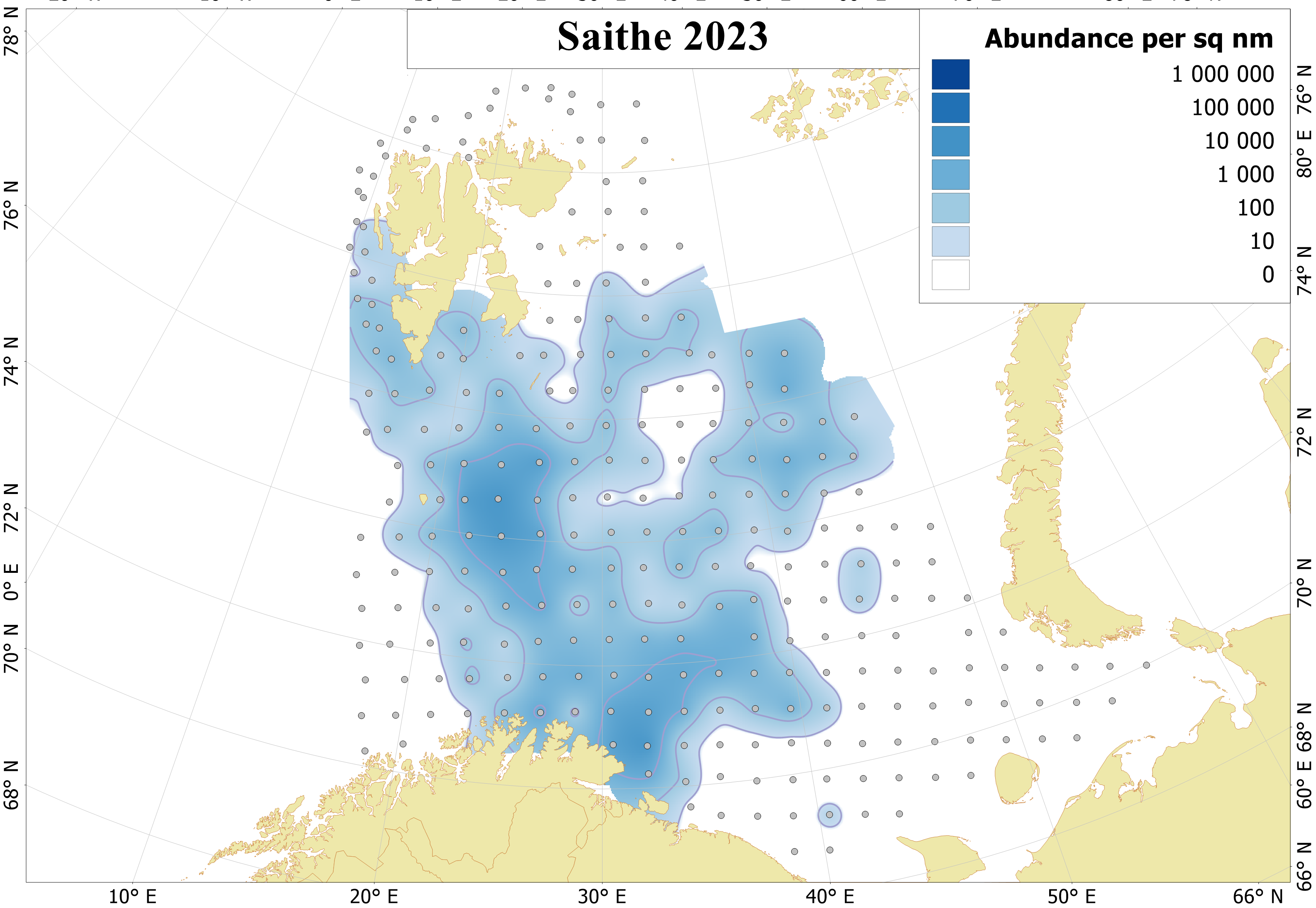 Figure 6.6.1. Distribution of 0-group saithe in August-September 2023. Abundance is corrected for capture efficiency. Dots indicate sampling locations.