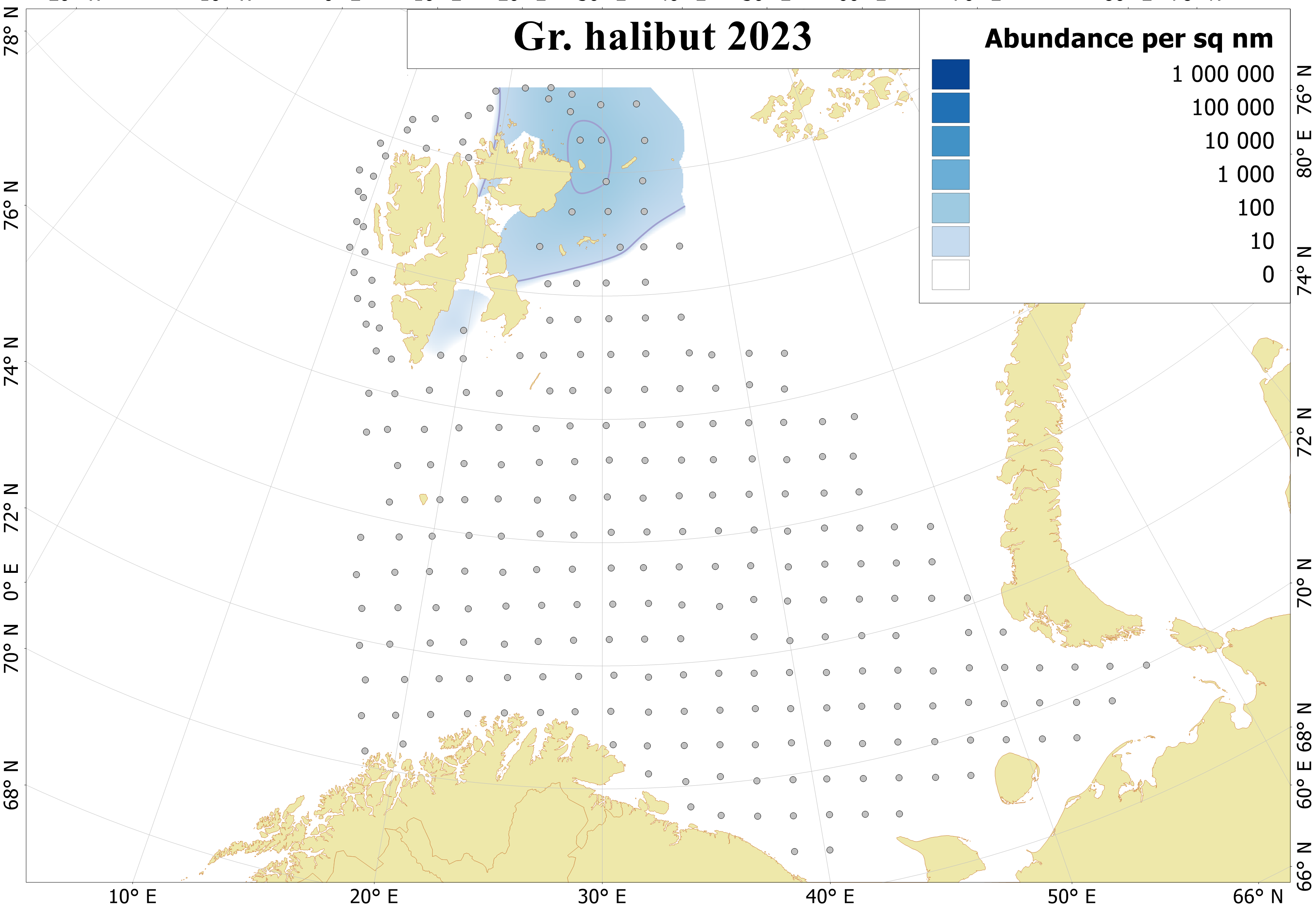 Figure 6.8.1. Distribution of 0-group Greenland halibut, August-September 2023. Dots indicate sampling locations. Abundance not corrected for capture efficiency.
