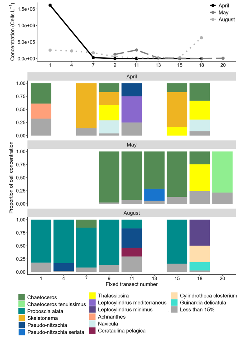 Figure 5.1.5. Plots showing patterns in diatom abundance (top) and community composition (bottom) along the Fugløya-Bjørnøya transect over three months in 2023. Taxonomy is shown at the highest possible resolution. All groups which comprised < 15% of the community at a given station are summed for ease of visualization. Fixed station numbers increase as station locations move north.