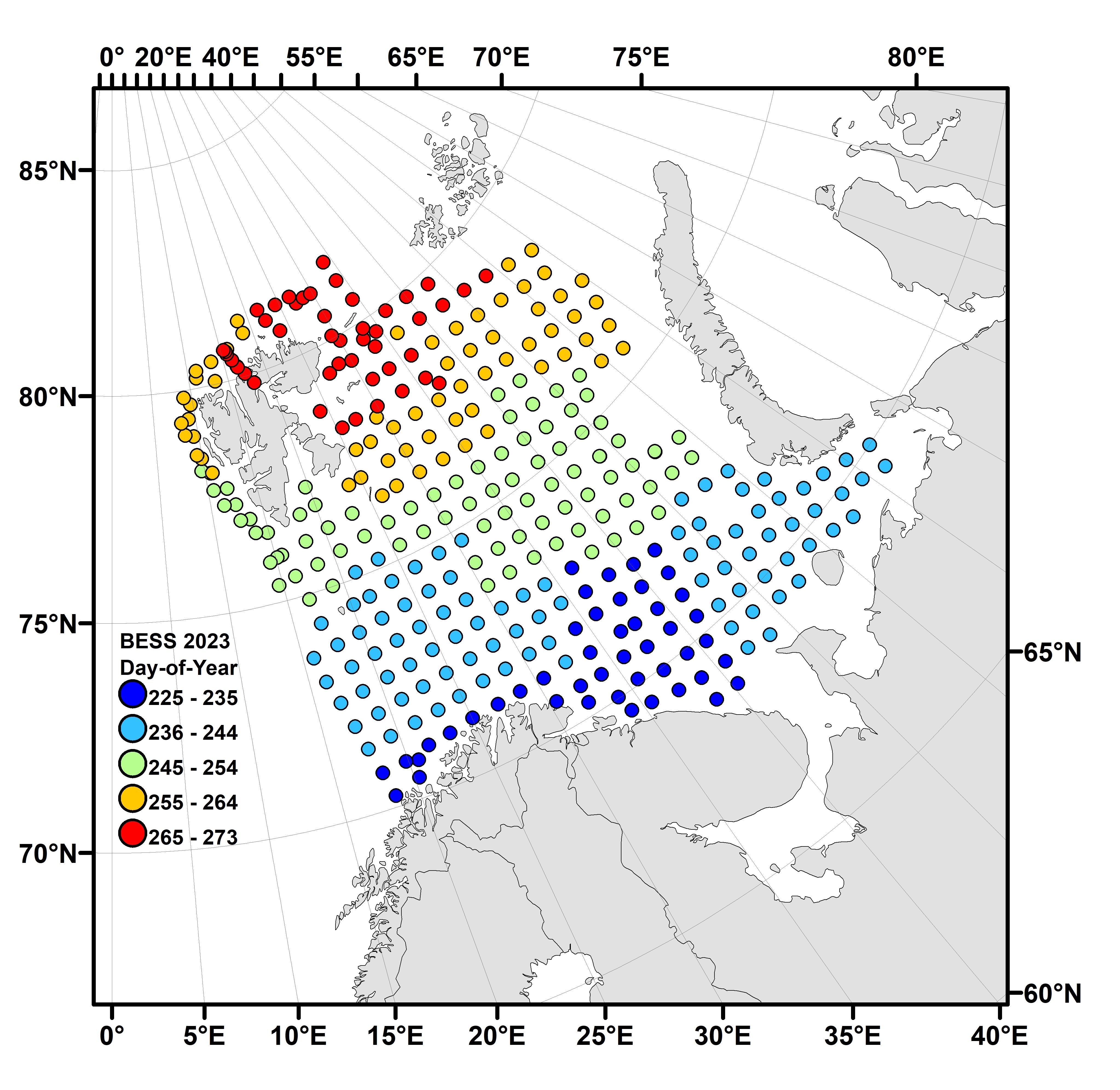 Figure 2.4. Progression of BESS 2023 in space and time. Points represent samples taken at ecosystem stations during the survey. The point’s colour indicates the number of Julian days between the first and last day of the survey. The colours scale from blue (early in the survey) to red (late in the survey).