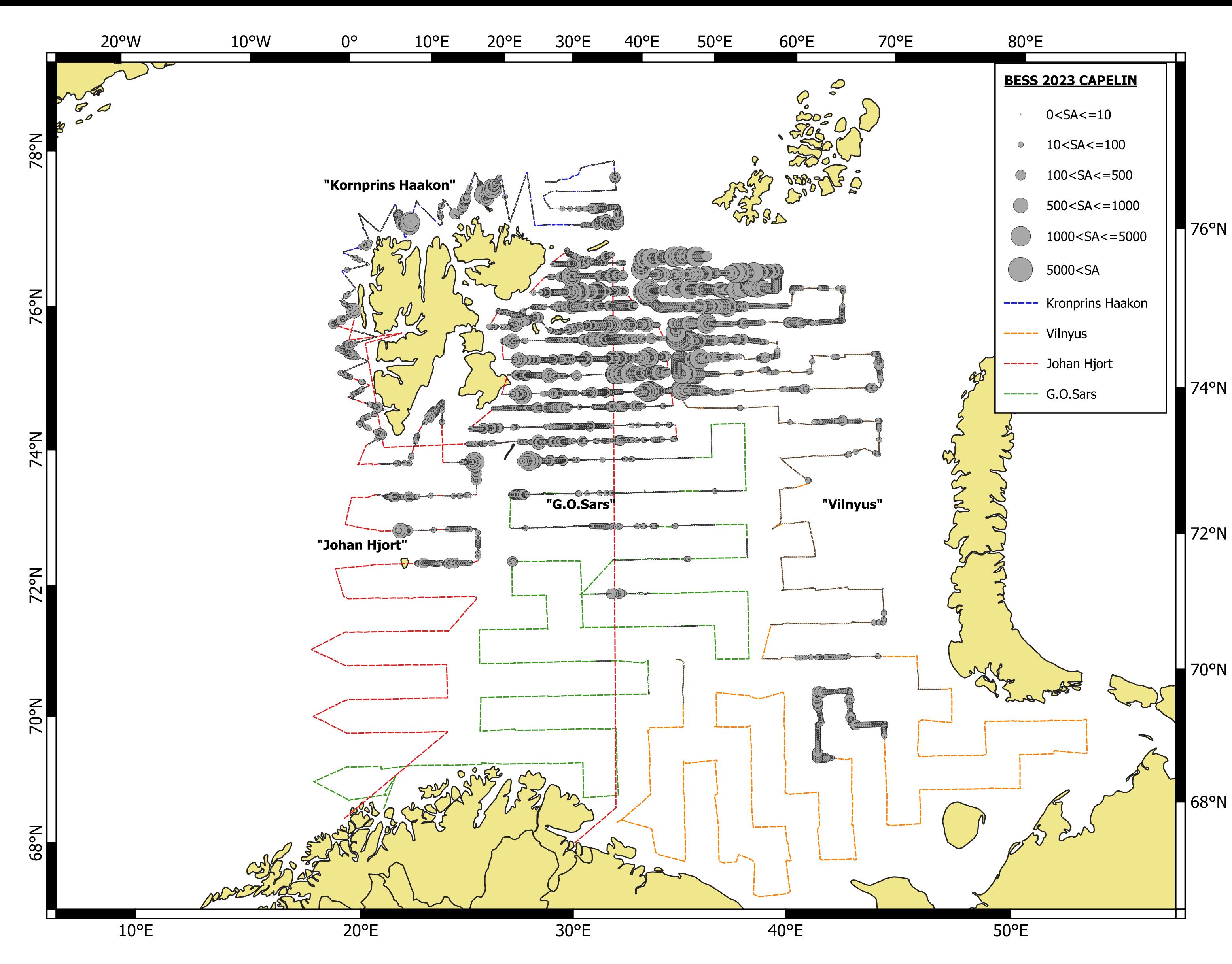 Figure. 7.1.1.1 Geographical distribution of capelin in autumn 2023 based on acoustic recordings. Circle sizes correspond to NASC values (m2/nmi2) per nautical mile. 