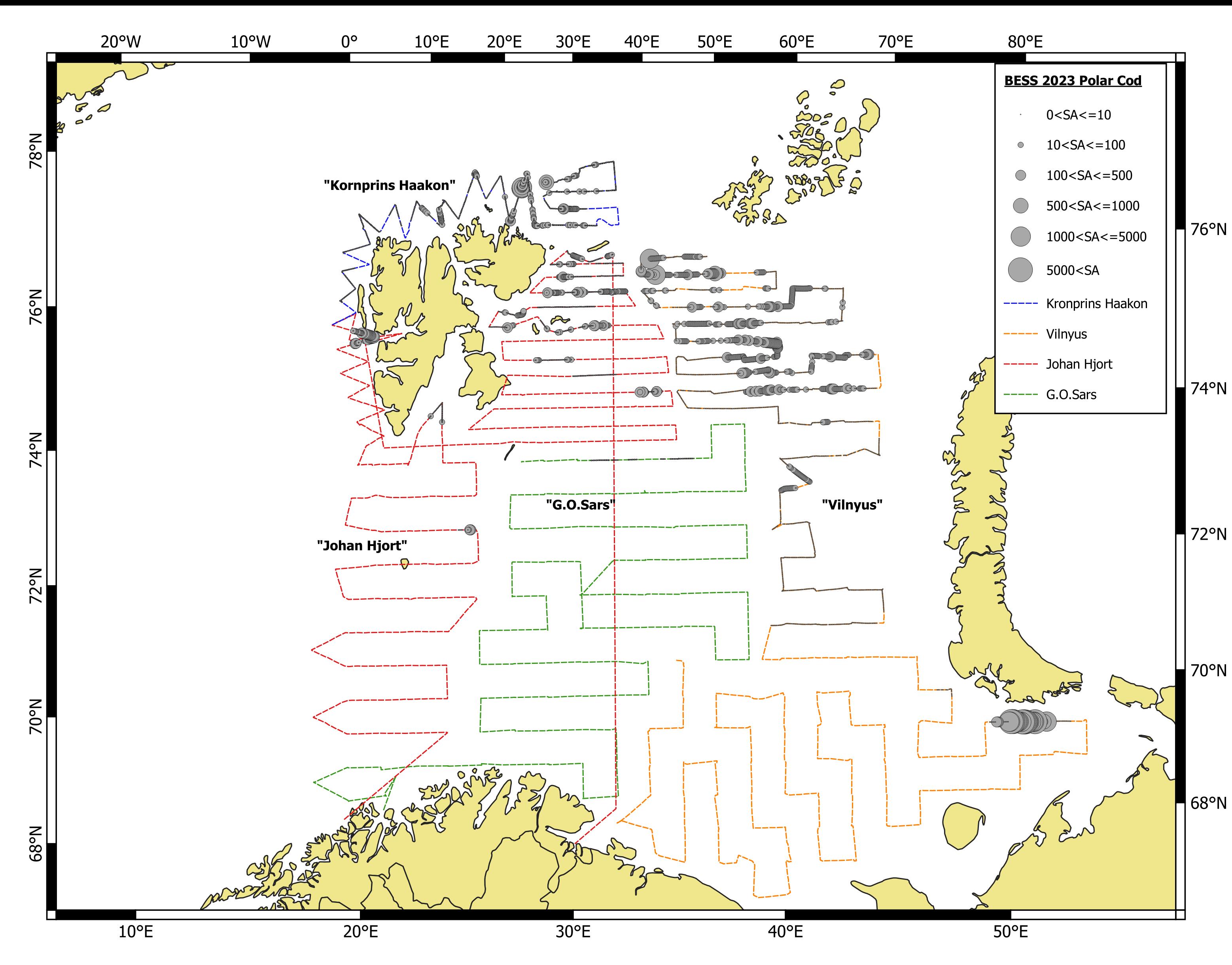 Figure 7.2.1.1 Geographical distribution of polar cod in autumn 2023 based on acoustic data. Circle sizes correspond to NASC values (m2/nmi2) per nautical mile. 