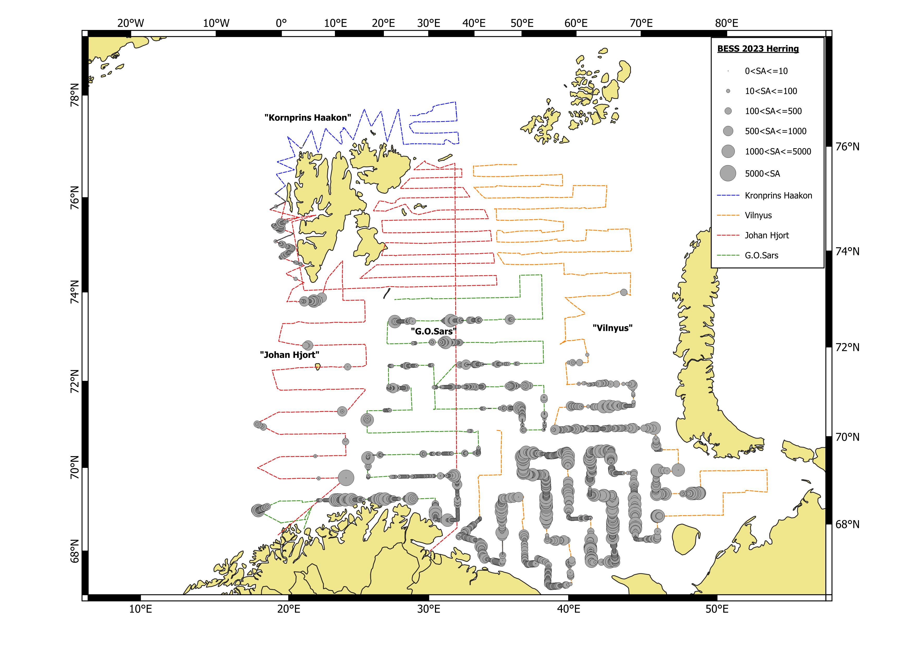 Figure 7.3.1.1 Geographical distribution of herring in autumn 2023 based on acoustic recordings. Circle sizes correspond to NASC values (m2/nmi2) per nautical mile. 