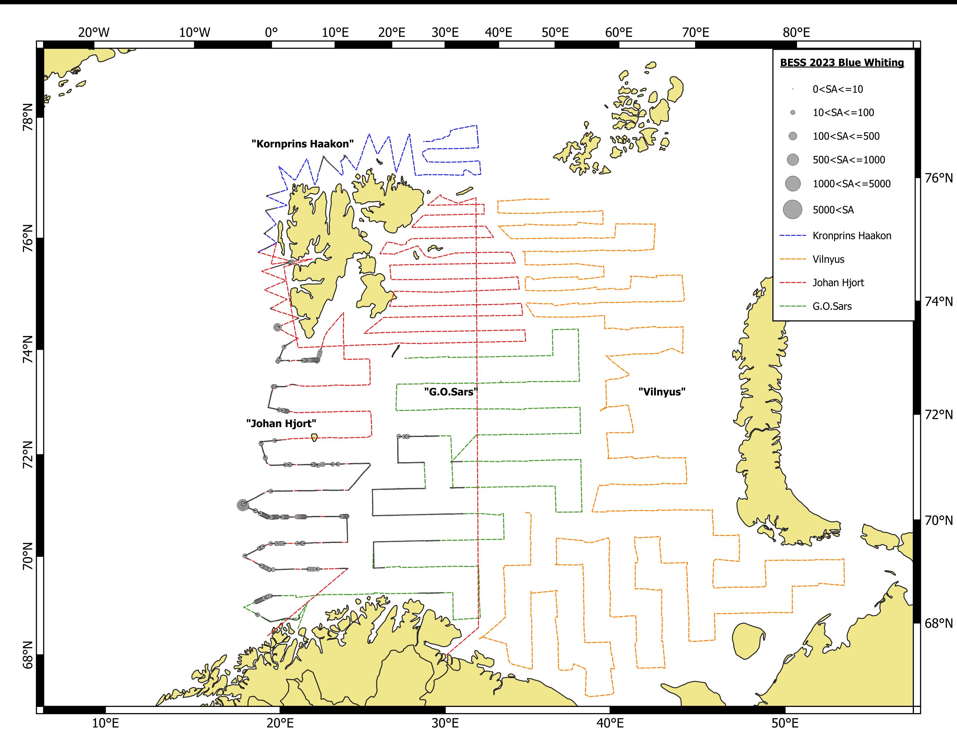 Figure 7.4.1.1. Geographical distribution of blue whiting in autumn 2023 based on acoustic recordings. Circle sizes correspond to NASC values (m2/nmi2) per nautical mile. 