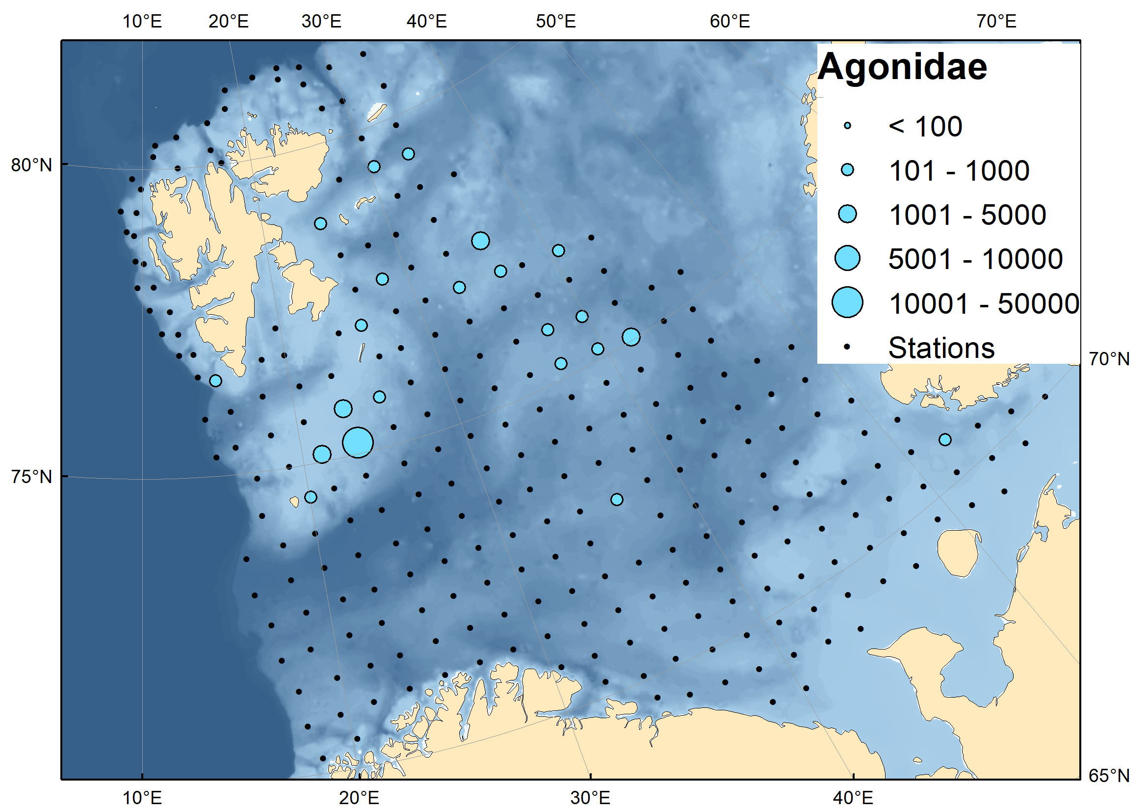 Figure 9.1.2. Spatial distribution of Agonidae in August-September 2023.