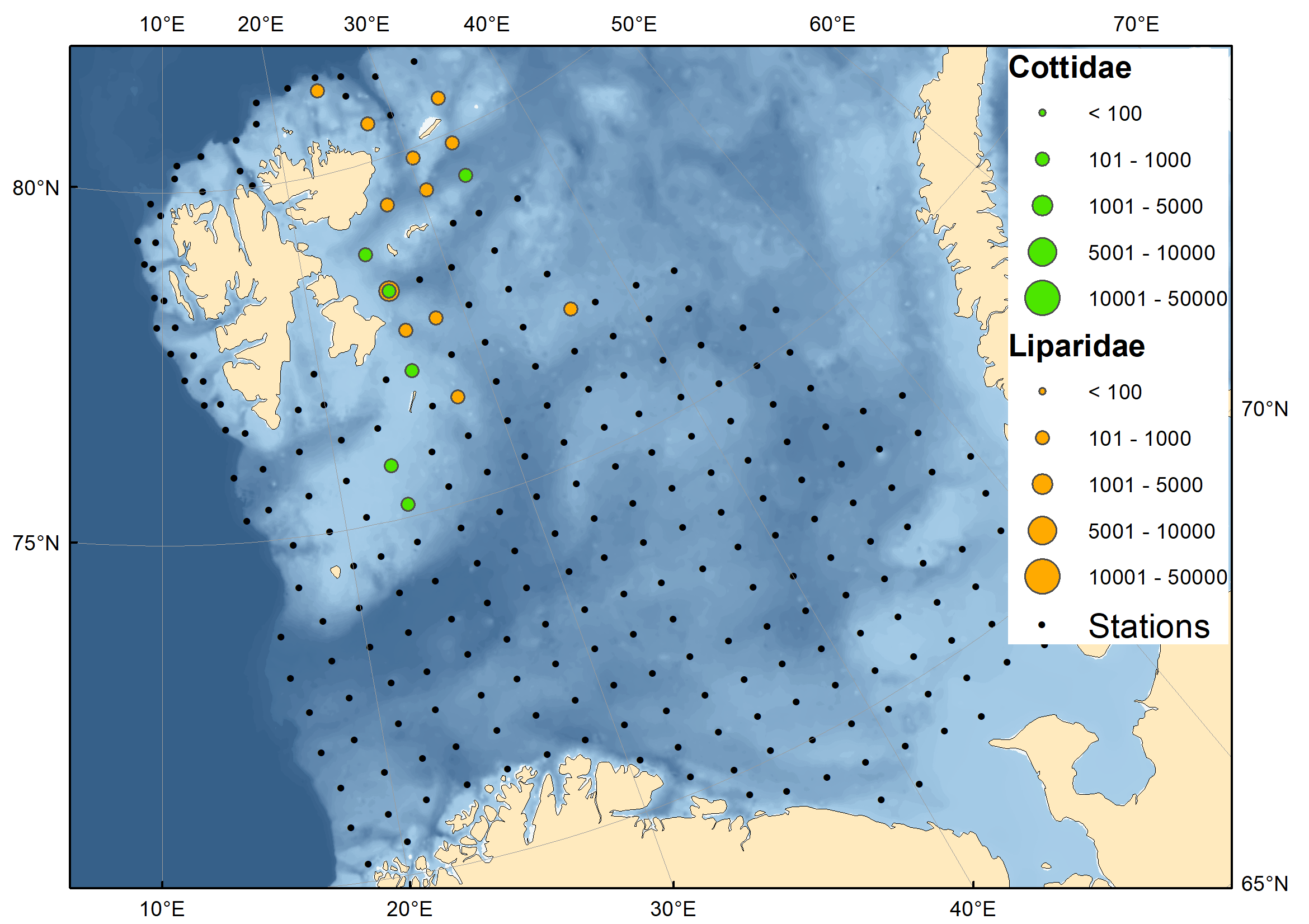 Figure 9.1.8. Spatial distribution of Cottidae and Liparidae in August-September 2023.