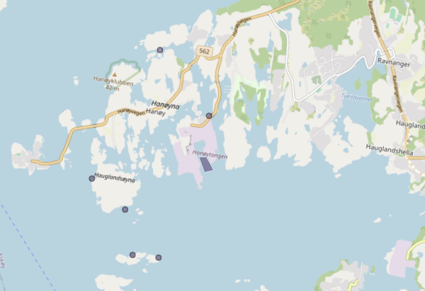 Kart over forekomst av havnespy ved Hanøy 