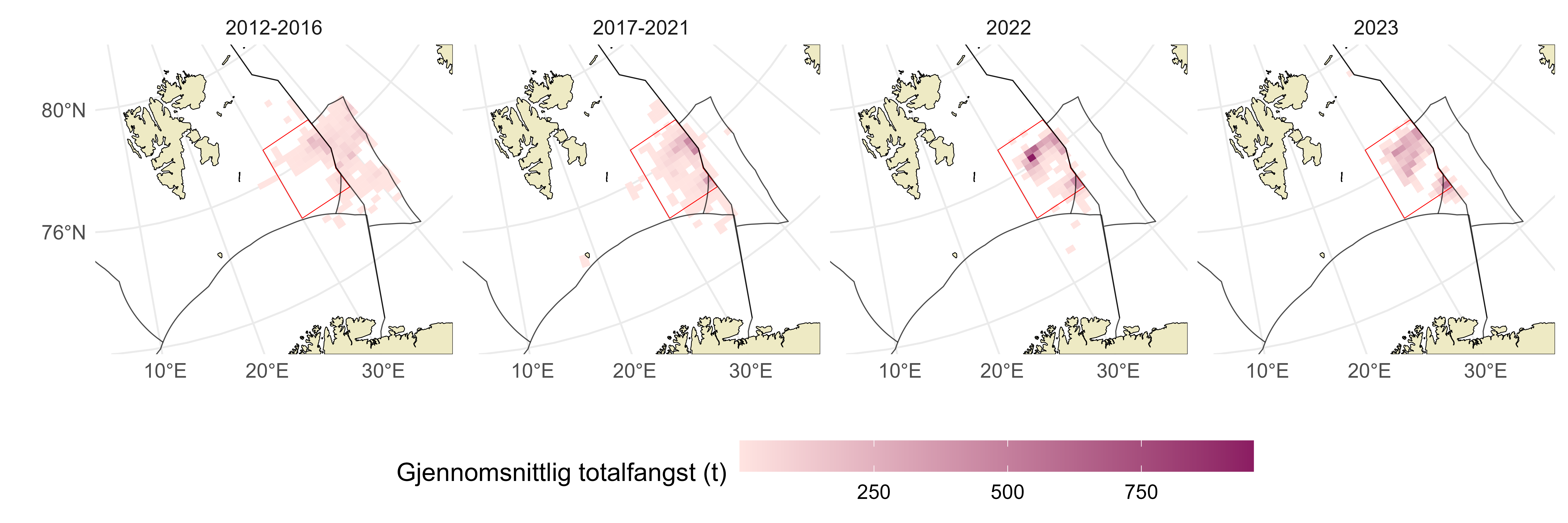 Innrapporterte fangster fra det norske snøkrabbefisket i perioden 2012 – 2023. Inntil 2016 foregikk mye av fiskeriet på russisk sokkel i Smutthullet, men dette området har vært stengt fra og med 2017. (Kilde: Fiskeridirektoratets elektroniske fangstdagbøker).