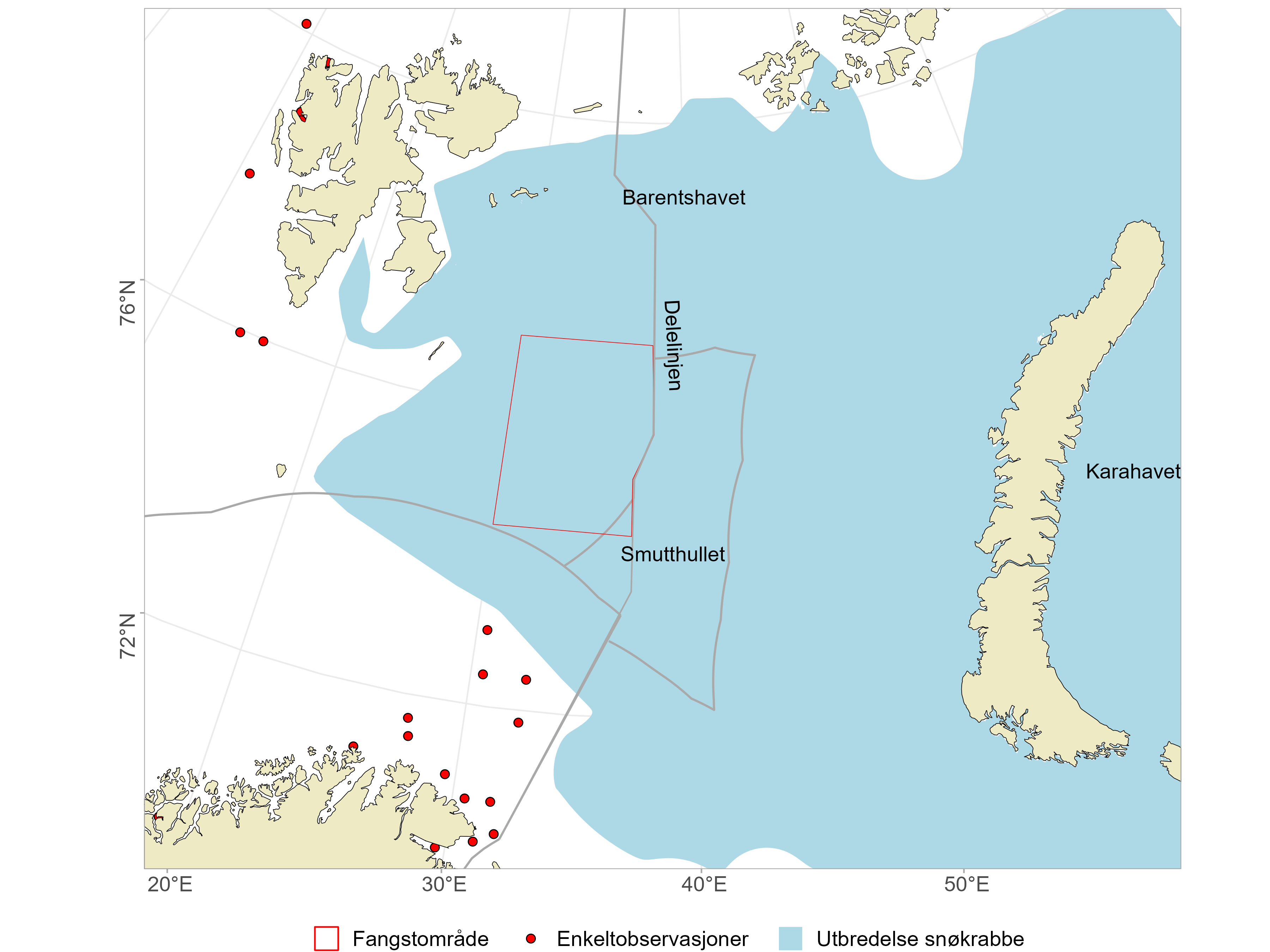 Området for sammenhengende utbredelse av snøkrabbe i Barentshavet og Karahavet, og enkeltobservasjoner gjort langs kysten av Troms og Finnmark og på vest- og nordkysten av Svalbard. Fangstområdet der det kommersielle fisket foregår er markert på kartet. 