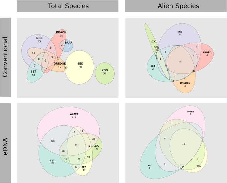 Venndiagram som viser fremmede marine arter registrert med konvensjonelle og genetiske metoder