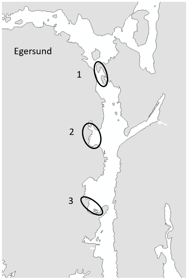 Dette er et kart som viser stasjoner undersøkt i Egersund havn