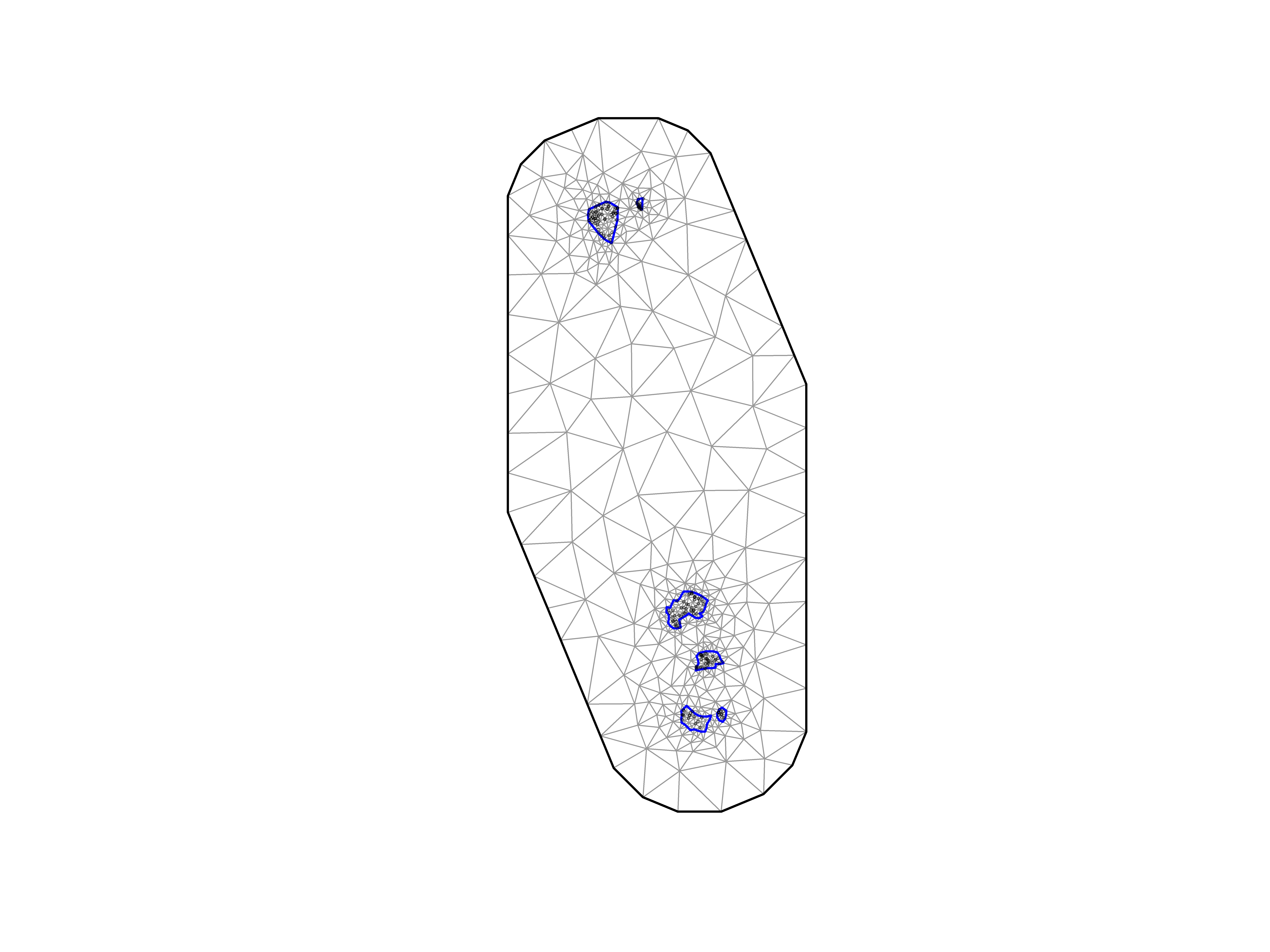 Mesh used in the spatial GAMM to estimate density. Black lines represent mesh vertices, blue lines inner boundaries of scallop beds, and black circles observed data points.