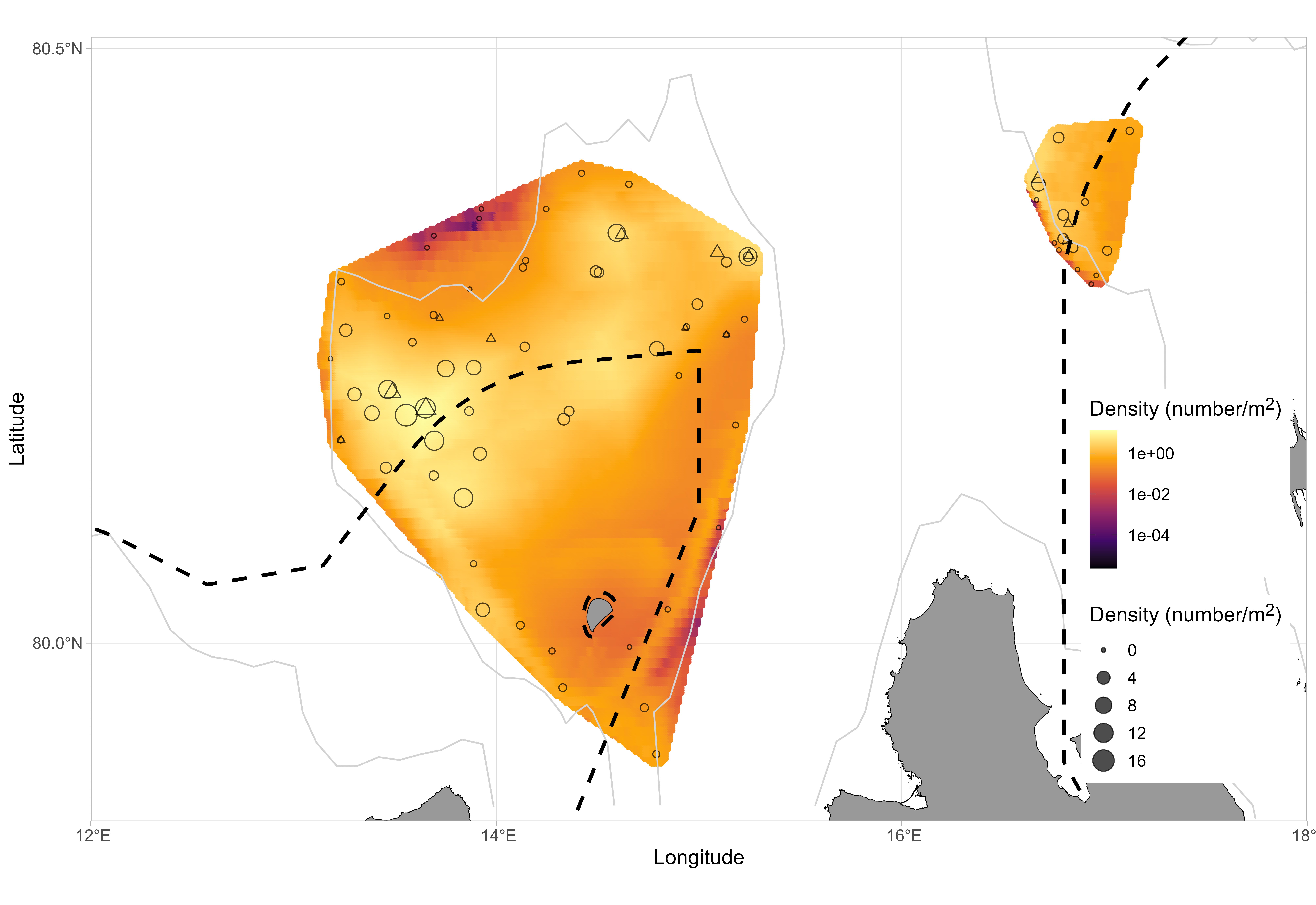 Density of scallops on Moffen and Parryflaket bed. Shown are observed densities from video transects and dredge stations (circles with radius scaled to density) overlaid on predicted densities from spatial GAMM including weighted video and dredge observations used to estimate stock size (color scale). Land masses are indicated in grey, protected areas with dashed lines, and 100m depth contour with solid grey lines. Note that densities are on log10-scale.