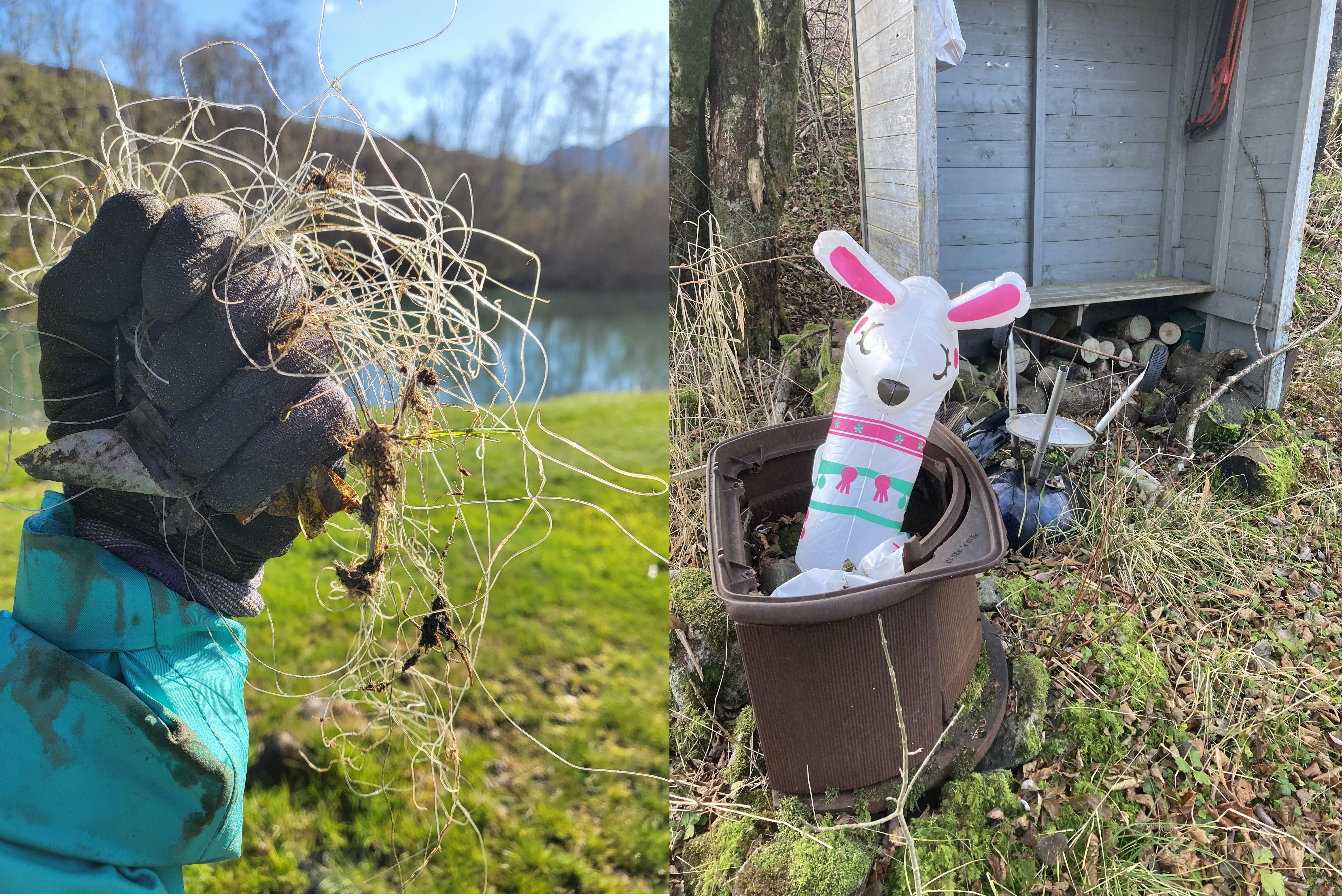 Søppel som stammer fra ulike aktiviteter i elva. Foto venstre: Kaja Ch. Andersen-Fjeldheim, Foto høyre: Anette Aune