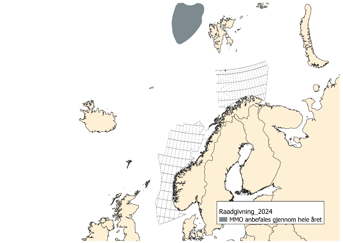 Figur A1.7 Område der det er tilrådet med observatør som sikrer at det ikke skytes seismikk når dersom grønlandshval observeres innen 1000 m.
 
