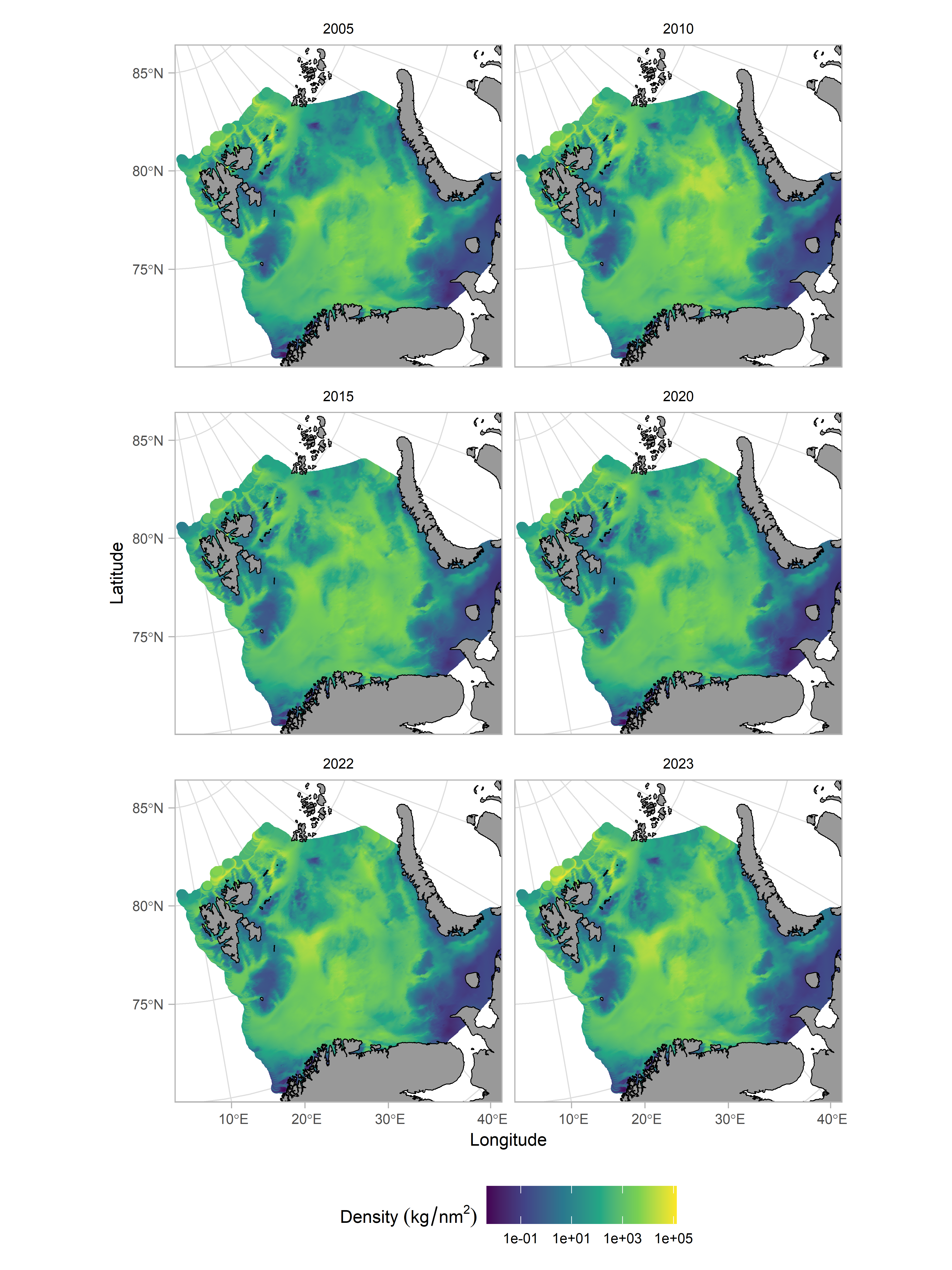 Figure 6: Spatial distribution of shrimp biomass based on ecosystem system survey data. Biomass is predicted with a GAMM including spatio-temporal correlation that was used to produce the standardized survey index.