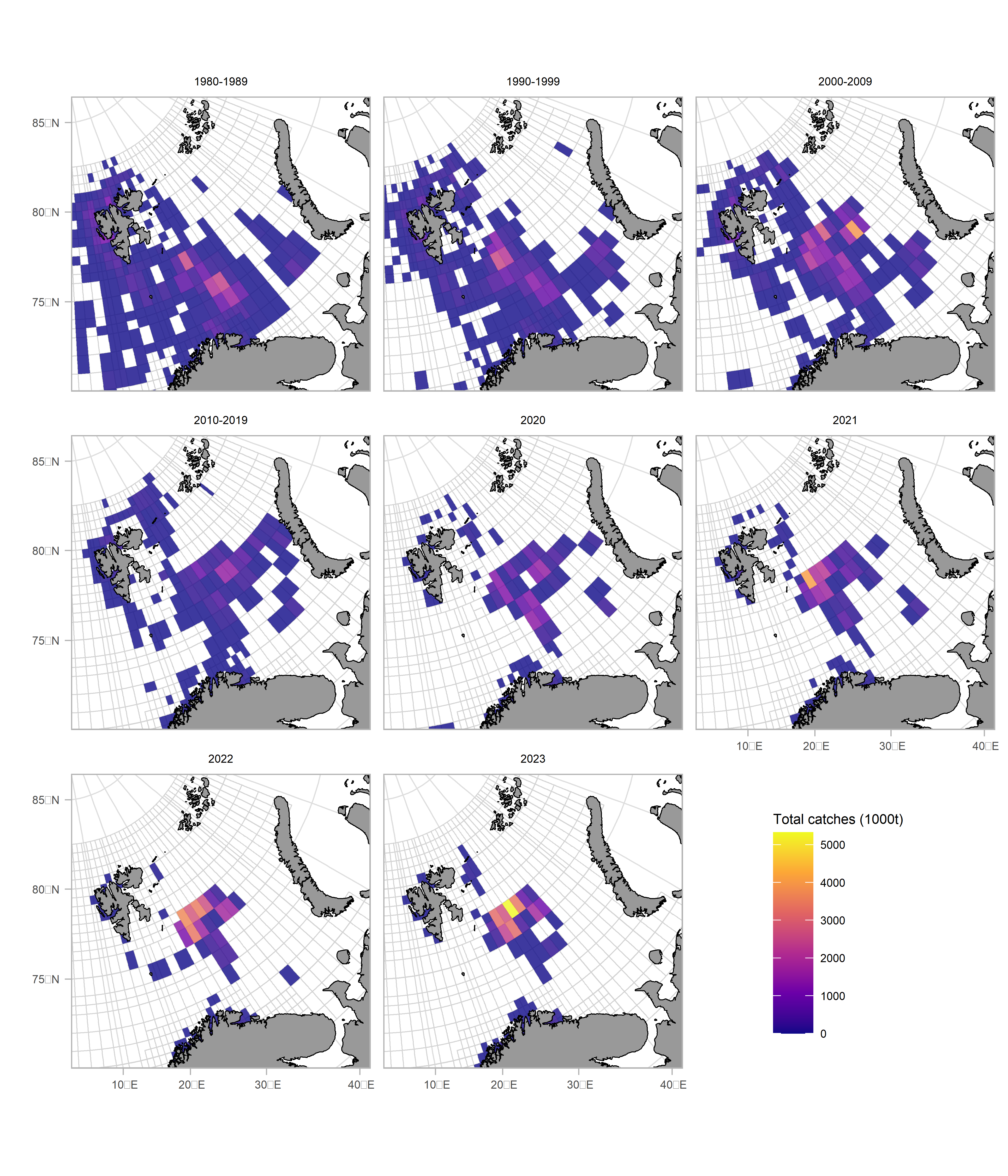 Figure 3: Distribution of annual catches by Norwegian vessels since 1980 based on logbook information. For periods before 2020, mean annual catches across a decade are shown. 2023 includes only data until November.