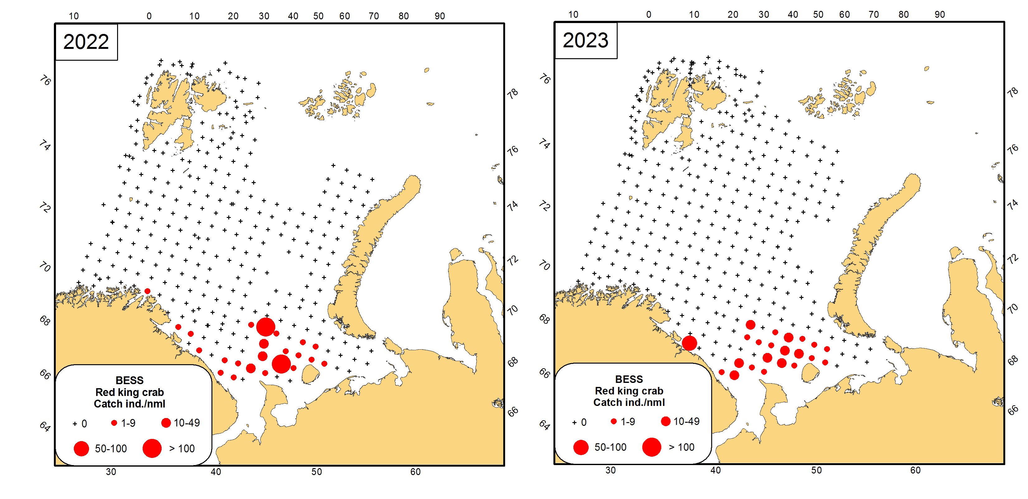 Figure 10.2.1 Distribution of the red king crab (Paralithodes camtschaticus) in the Barents Sea in August-September 2022-2023.