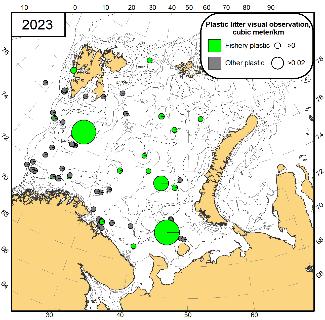Figure 4.2.1.2 Litter observations of plastic at the surface indicated as fishery related and other litter in the BESS 2023 (m3/ km).