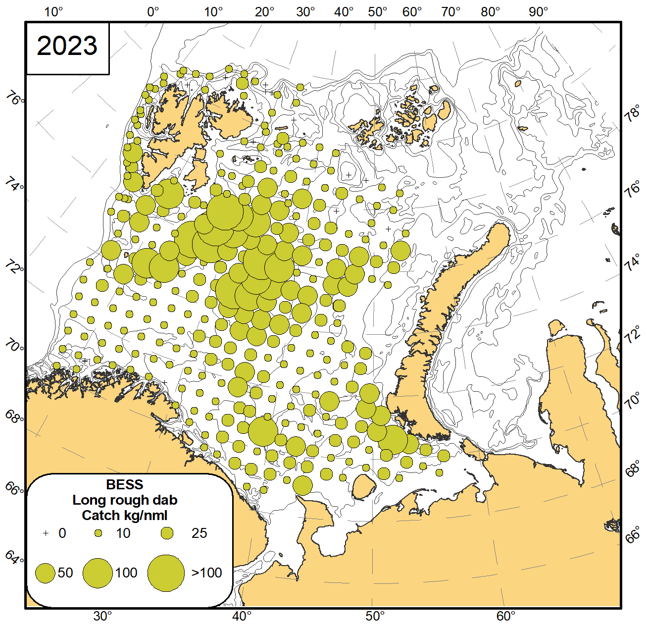 Figure 8.7Distribution of long rough dab (Hippoglossoides platessoides), August-November 2023. 