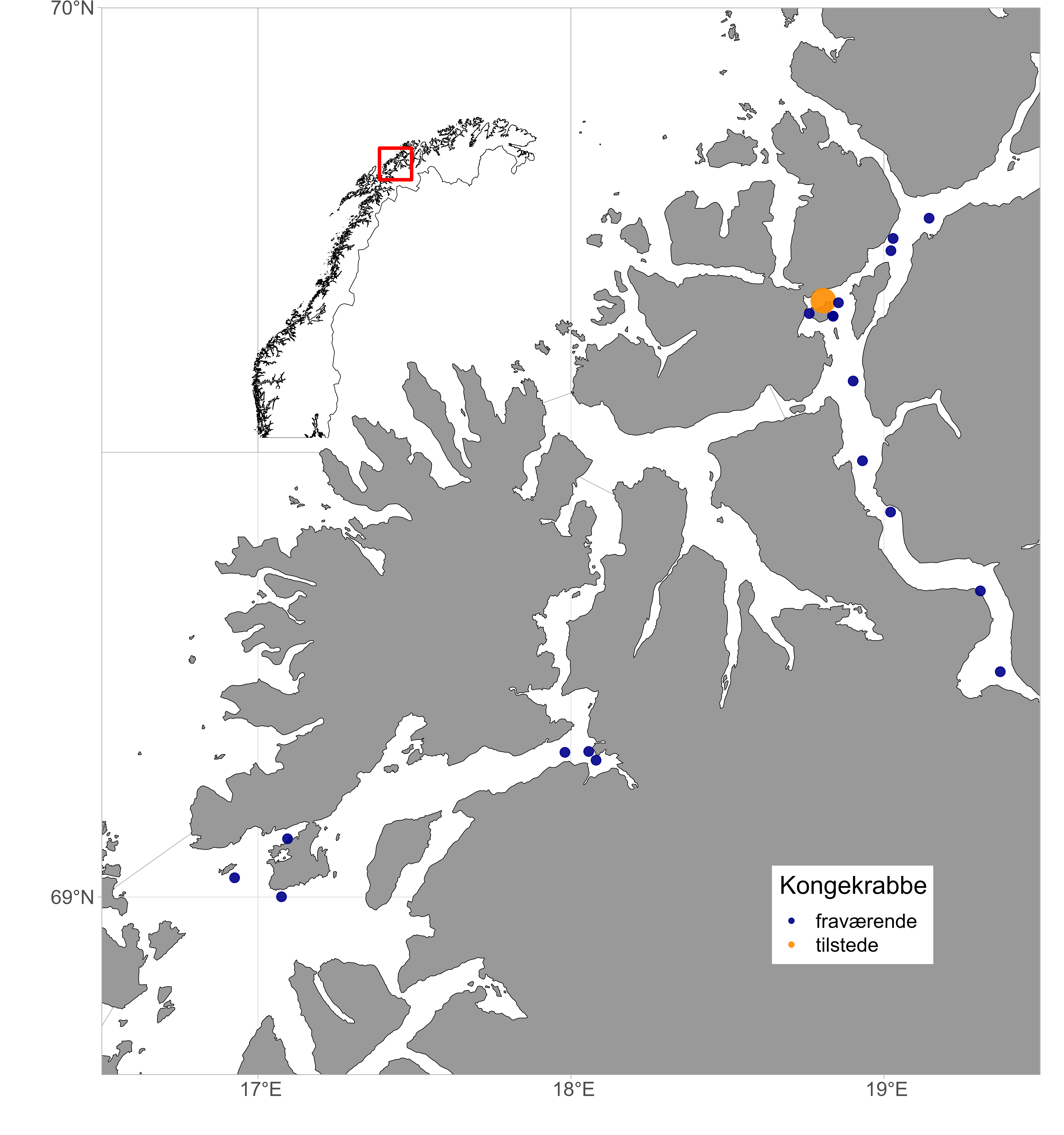 Figuren viser et kartutsnitt med alle stasjonene det ble fisket med kongekrabbeteiner under krabbetoktet i Troms 2023 (blå punkter). Observasjonen av kongekrabbe er markert i oransje.