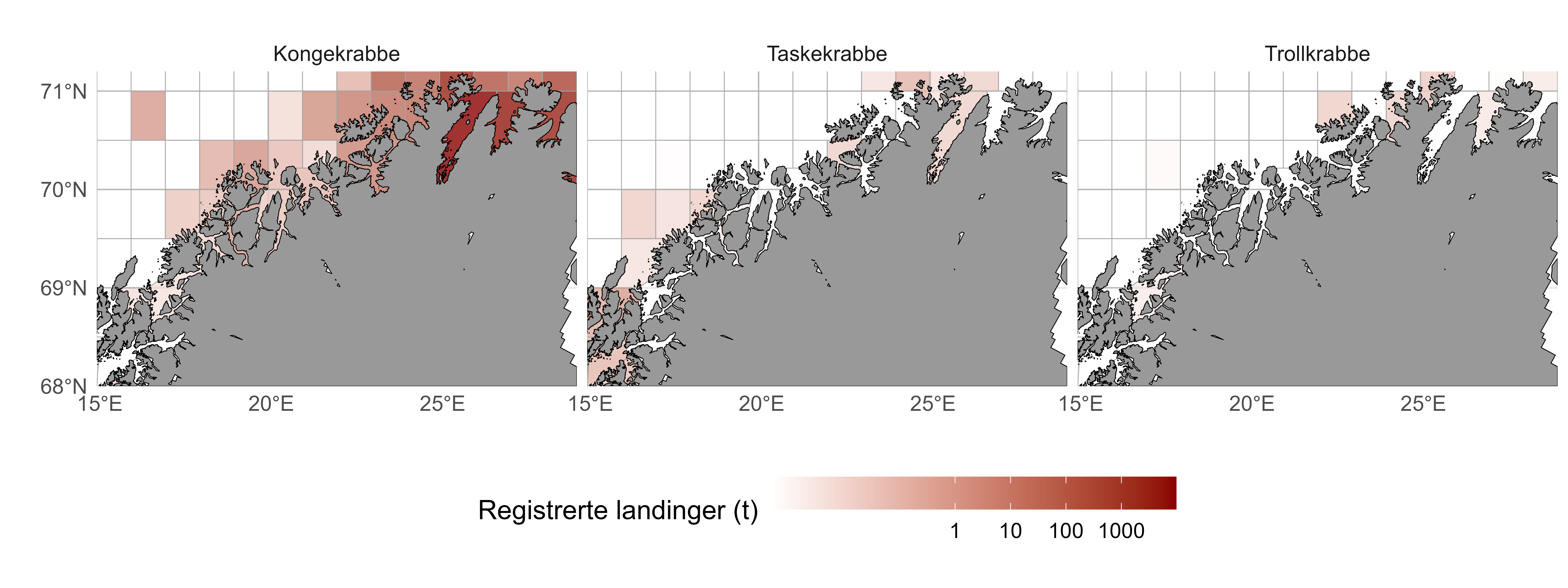 Landinger registrert i sluttseddelregisteret av henholdsvis kongekrabbe (Paralithodes camtschaticus), taskekrabbe (Cancer pagurus) og trollkrabbe (Lithodes maja) mellom Vest og Vest-Finnmark, summert per lokasjon fra 2000- 2023 (oktober).