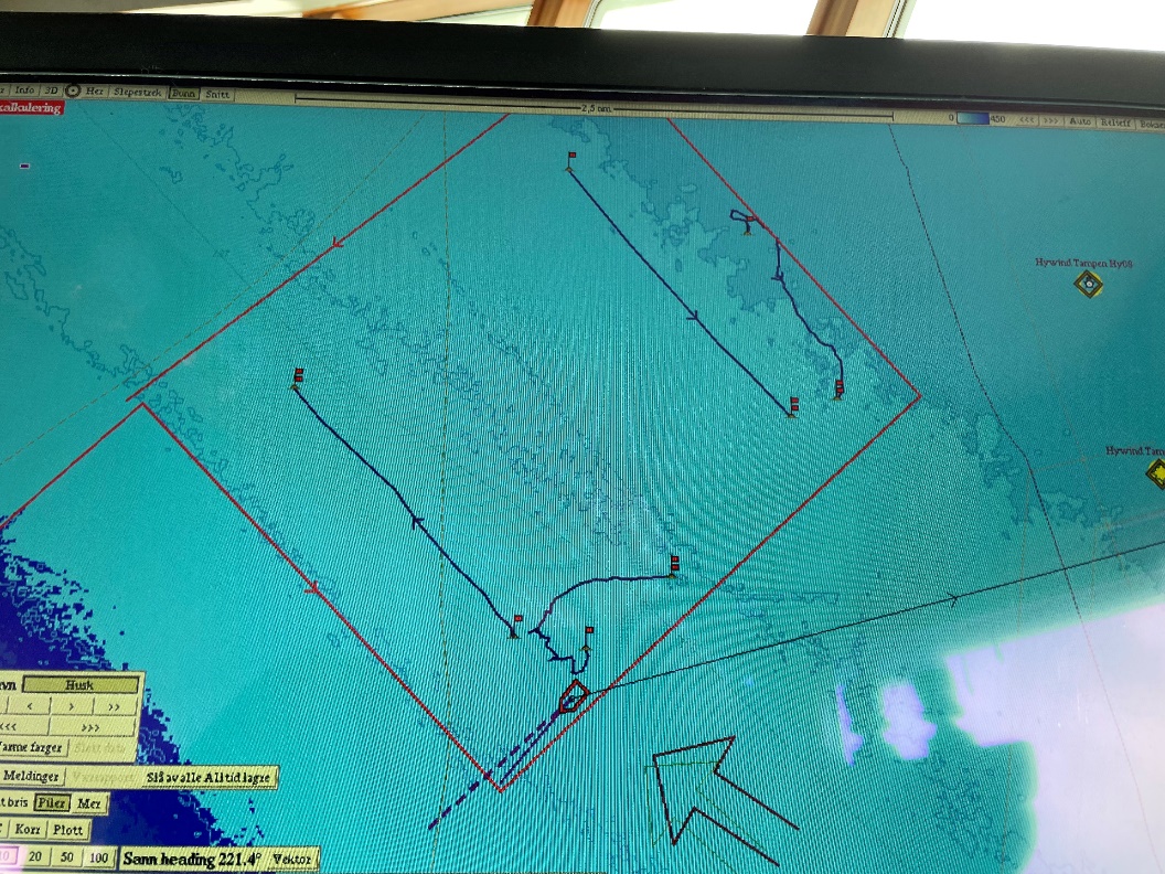 Screendump of the Olex map showing how the gillnets drifted in the stations near the windfarm.