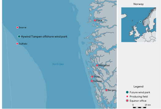 Map of the North Sea and the Norwegian Sea showing the location of Hywind Tampen.