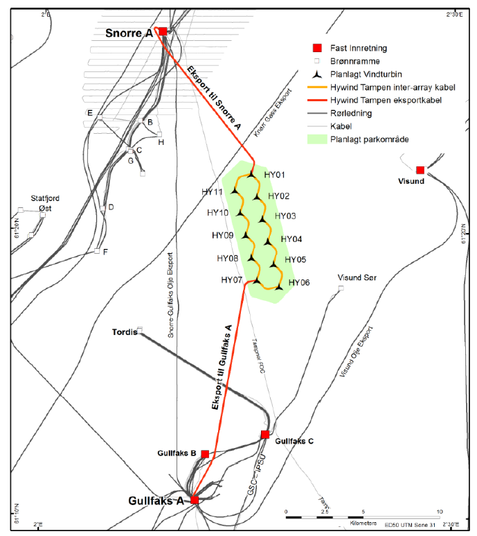 Location of the wind turbines in relation to the oil platforms on Gullfaks and Snorre.Turbines HY02 – HY05 were not in place during the cruise.