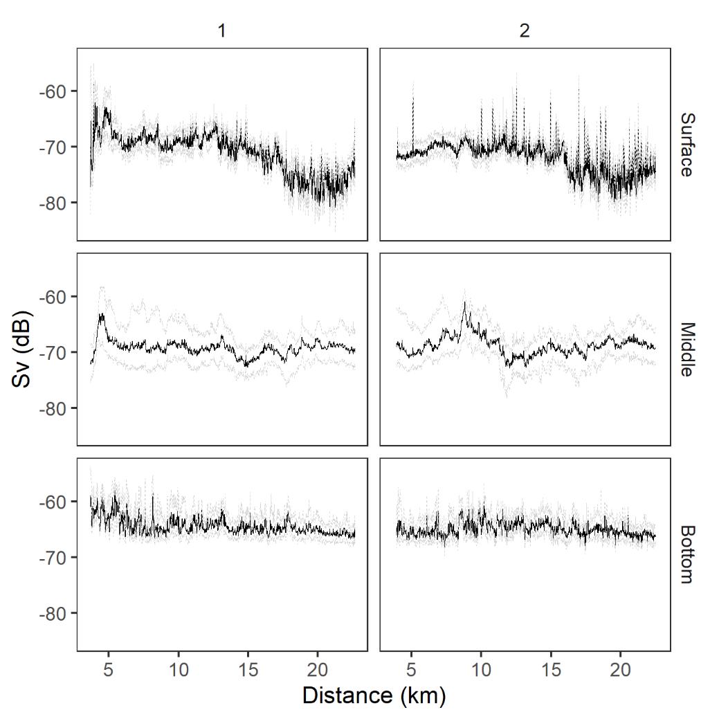 Acoustic backscatter registered in the Northwestern (NW) transect.