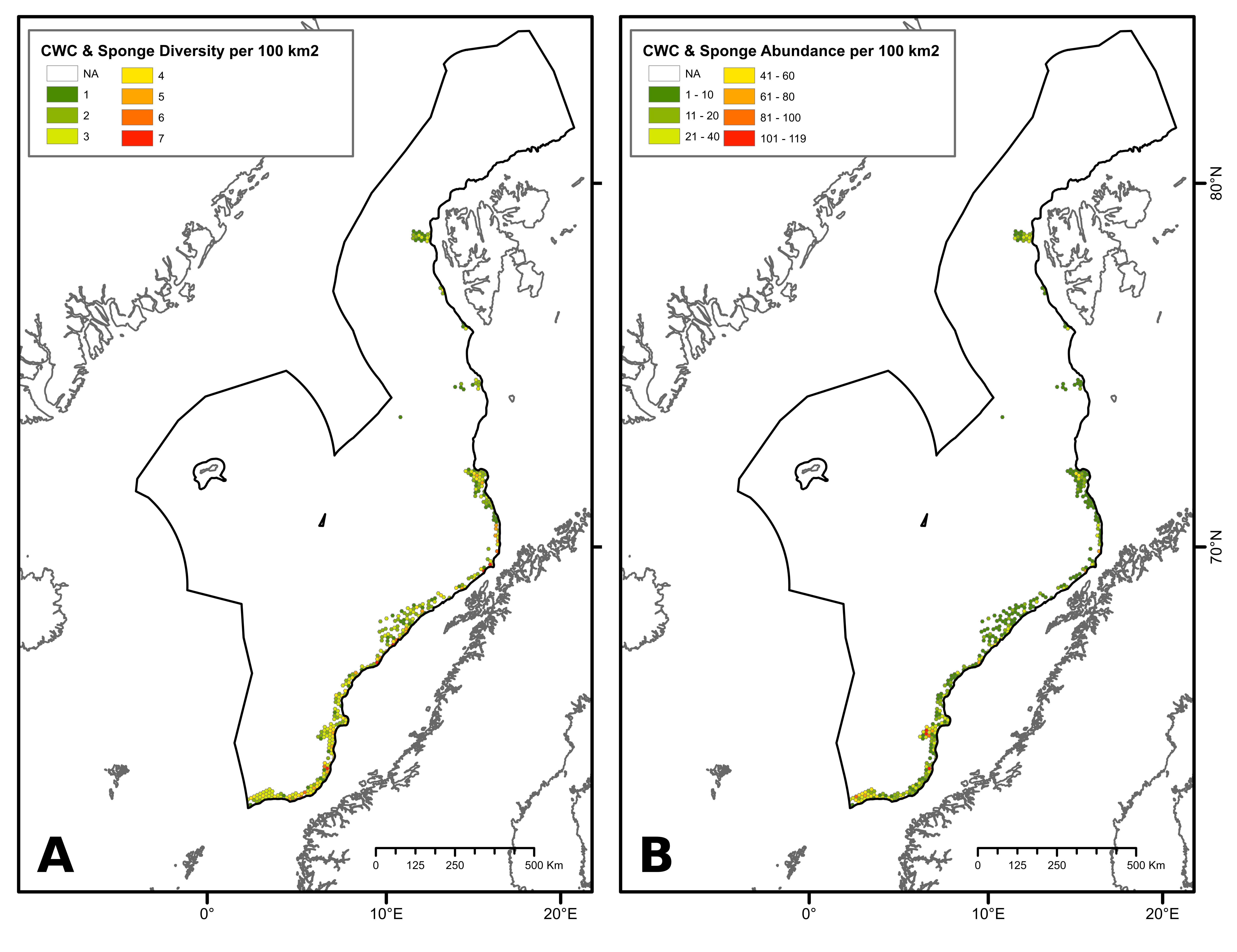 In Figure 2A diversity per 100 km2 is represented by the following colors: white is 'not applicable', dark green is 1, light green is 2, yellow-green is 3, yellow is 4, orange is 5, dark orange is 6 and red is 7. In Figure 2B abundance per 100 km2 is represented by the following colors: white is 'not applicable', dark green is 1-10, light green is 11-20, yellow-green is 21-40, yellow is 41-60, orange is 61-80, dark orange is 81-100 and red is 101-119..  