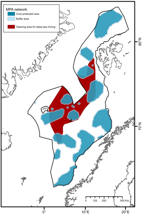 MPA units presented by blue areas in the map, buffer zone in light blue and the opening area for deep-sea mining in red.