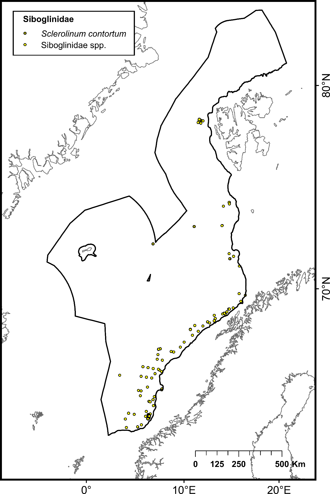 Circles represent Sclerolinum contortum (grey-yello circles) and Siboglinidae spp (yellow circles)