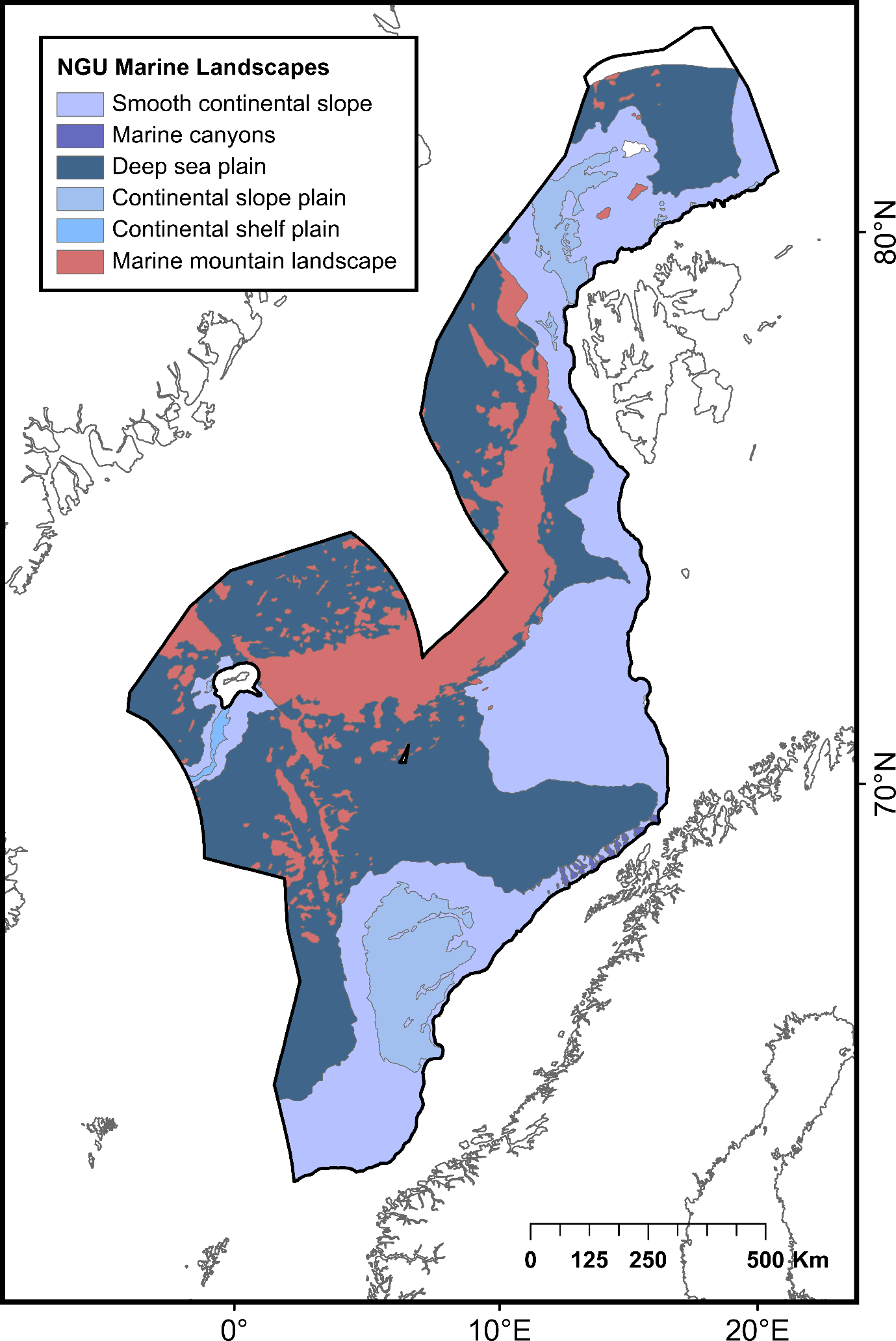 Tho colors represent the following marine landscapes (from top to bottom): Smooth continental slope, Marine canyons, Deep sea plain, Continental slope plain, Continental shelf plain, Marine mountain landscape