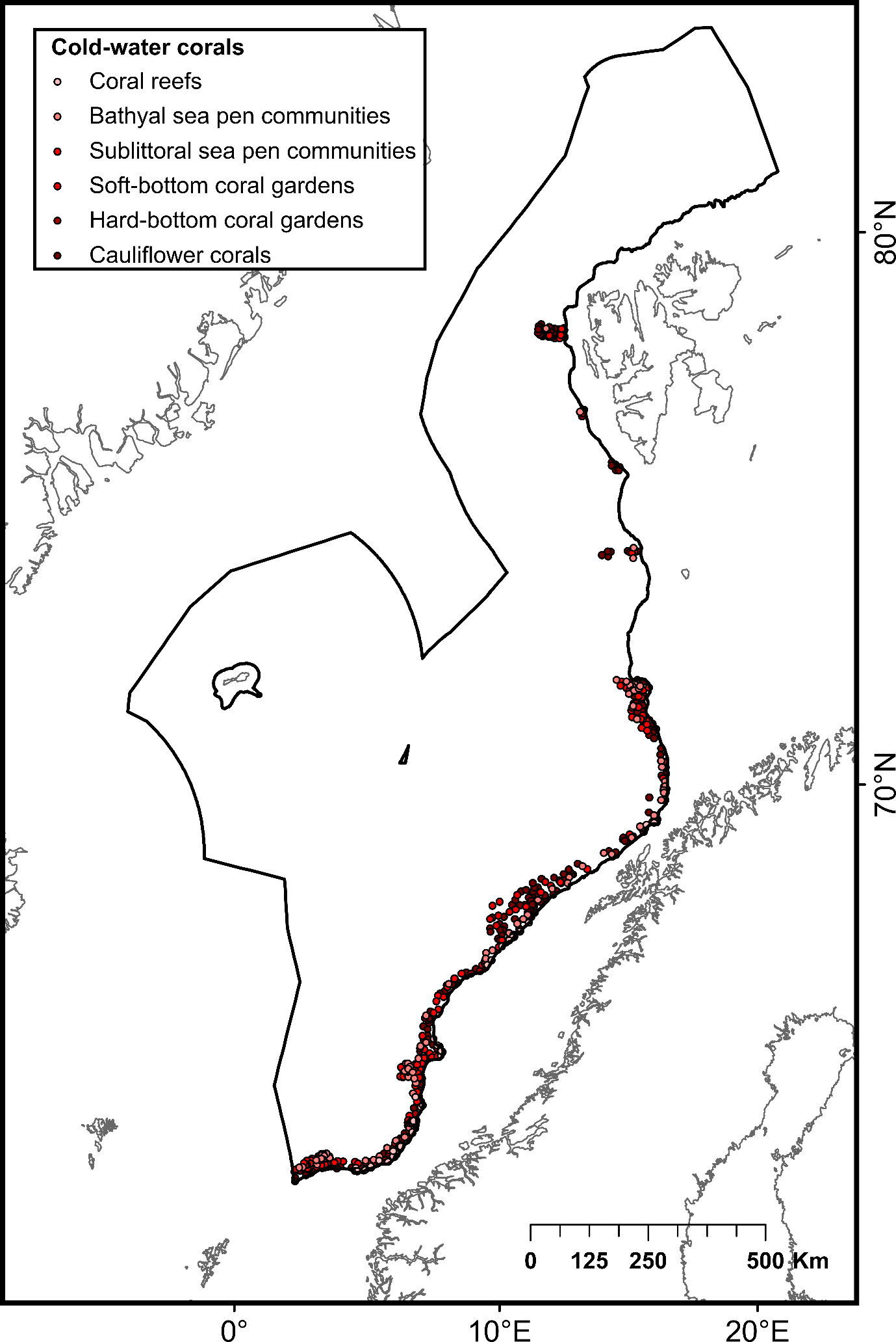 Color codes represent Cold-water corals (from top to bottom): Coral reefs, Bathual sea pen communities, Sublittoral sea pen communities, Soft-bottom coral gardens, Hard-bottom coral gardens, Cauliflower corals