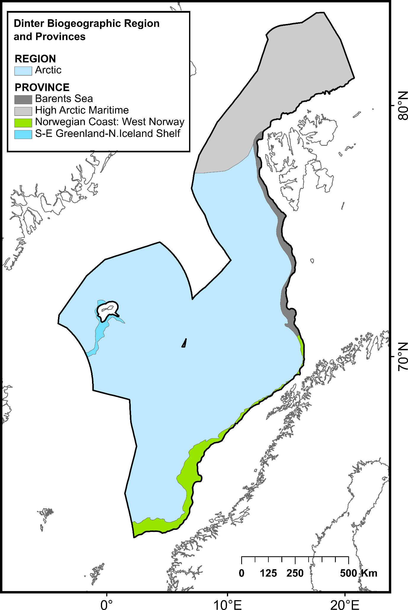Color codes presents (from top to bottom): Region: Arctic; Provinces: Barents Sea, High Arctic Maritime, Norwegian coast: West Norway, S-E Greenland-N. Icelandic Shelf