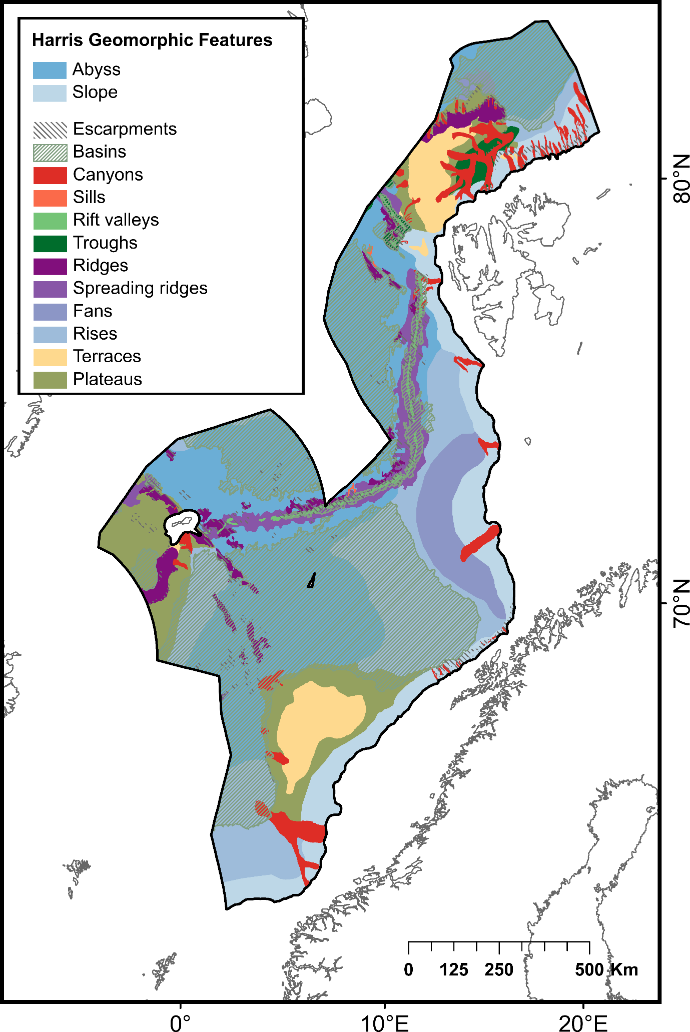 Colors represent the following geomorphic features (from top to bottom): Abyss, Slope, Escarpments, Basins, Canyons, Sills, Rift valleys, Troughs, Ridges, Spreading ridges, Fans, Rises, Terraces and Plateaus