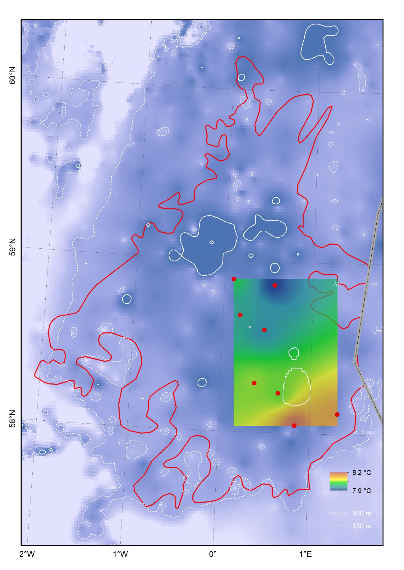 Kartutsnittene viser Fladengrunnen og utsnittet med bunntemperatur dekker området rundt CTD stasjonene derfra (røde punkt). Fargeskalaen går fra 8,2 grader (øverst, rødt) til 7,9 grader (nederst, blått).