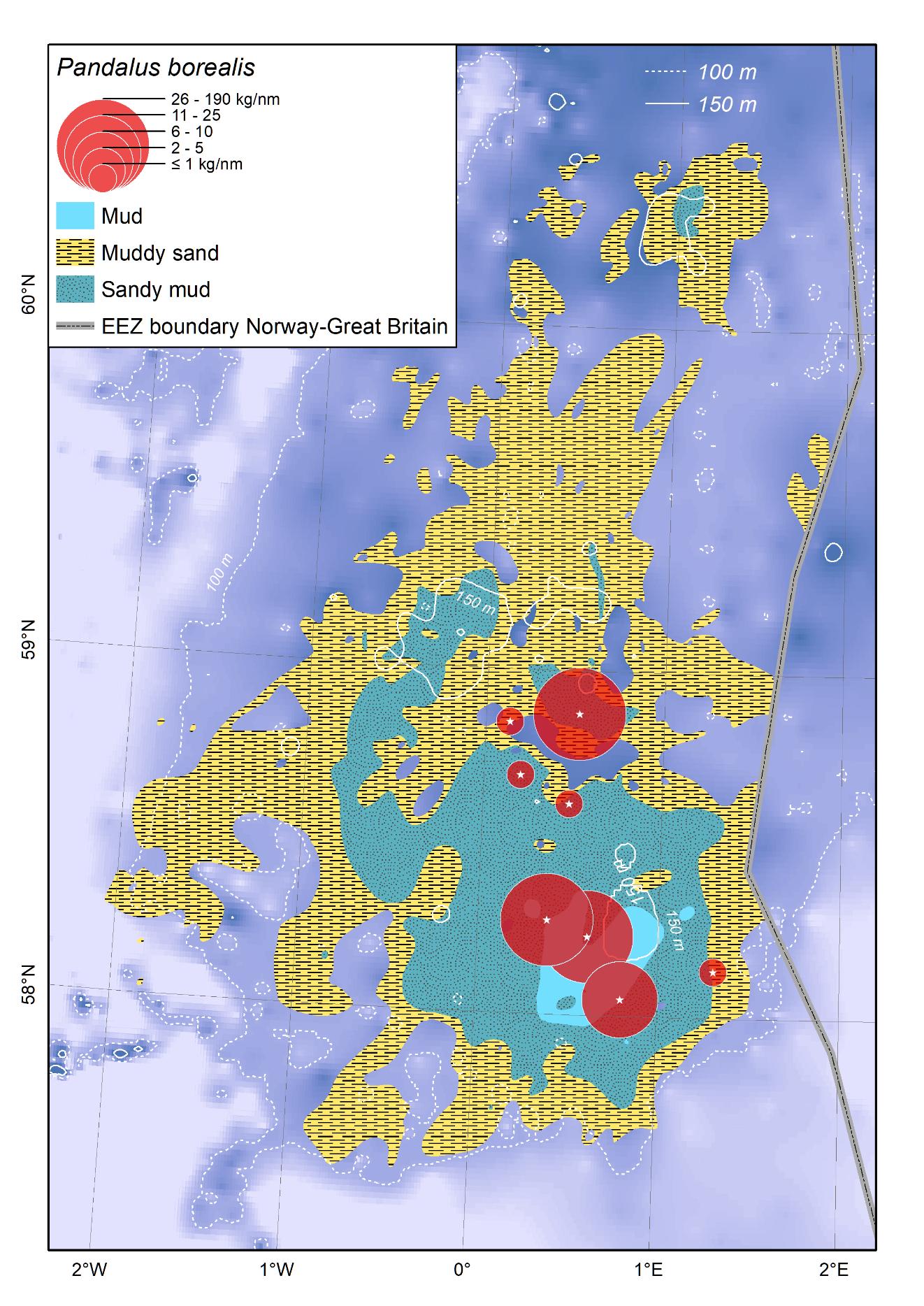 Kartutsnittene fra Fladengrunnen. Skala for boblestørrelse (kilo per nautisk mil): Ytterste boblen 26 til 190, deretter 11-25, 6-10, 2-5 og den innerste boblen ≤ 1 kilo per nautisk mil. Kartet viser også bunnsubstrat: Lyse blått: mudder, gul-svart skravert: mudret sand og turkis-svart skravert: sandete mudder.