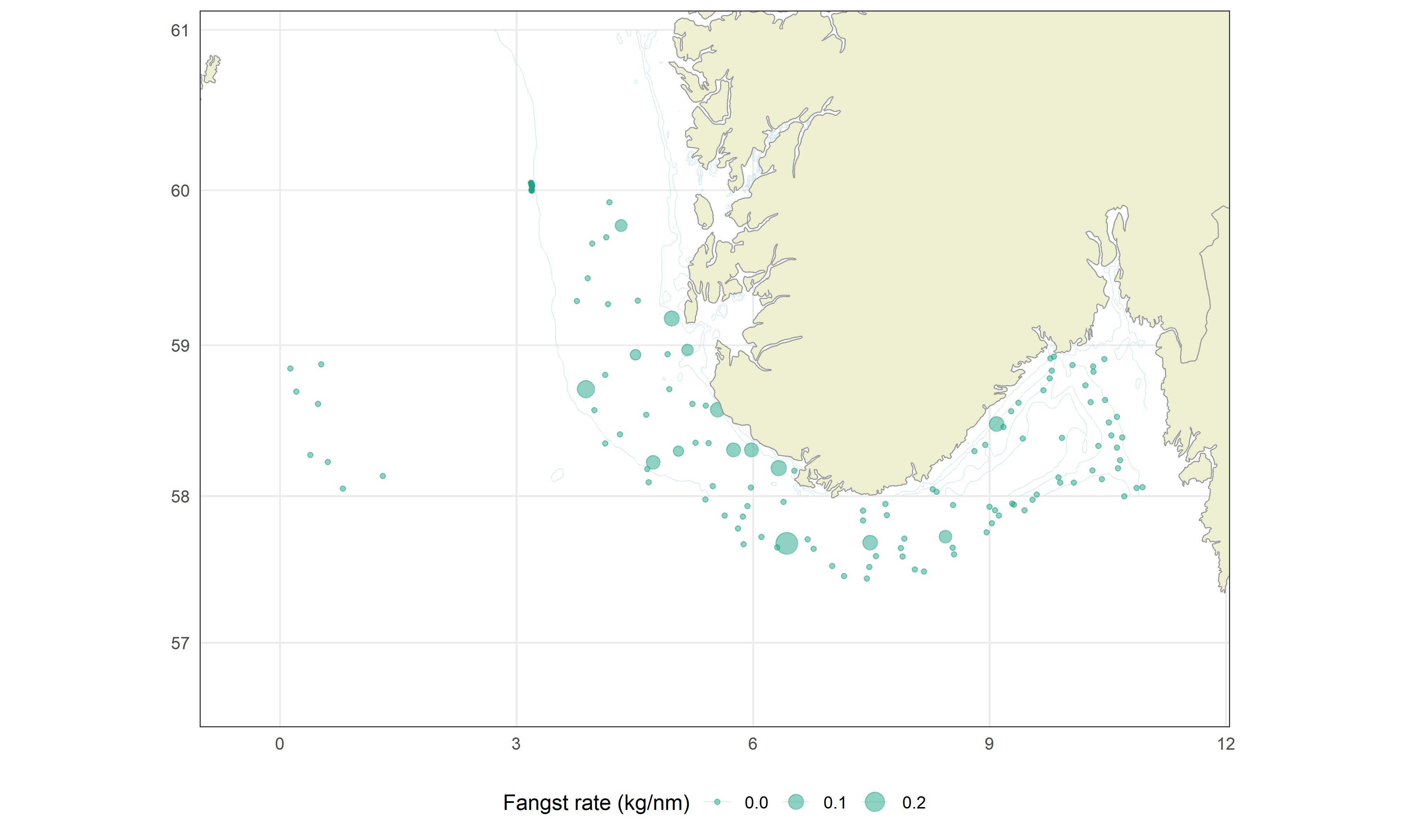 Skala for boblestørrelse (fangstrate; kilo per nautisk mil): Minste boble til venstre: 0,0, midten: 0,1 og største til høyre: 0,2 kilo per nautiske mil.