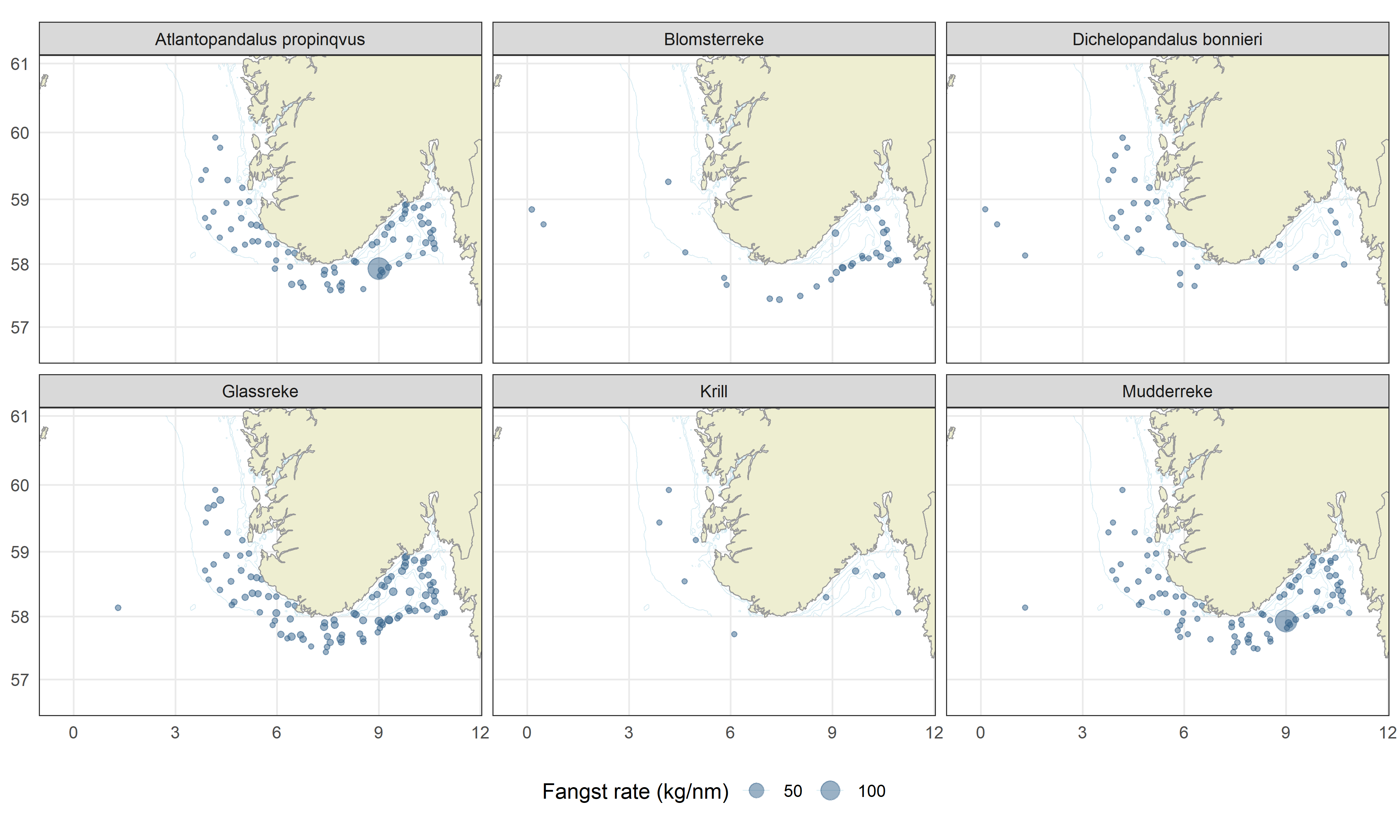 Kartutsnittene er plassert i rekkefølge med Atlantopandalus propinqvus øverst til venstre og Pontophilus spp nederst til høyre. Størrelsesskala på boblene er vist med to ulike bobler: til høyre: 50 og til venstre 100 kilo per nautisk mil. 