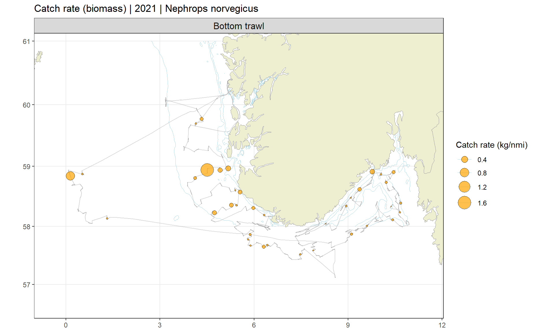 Kartutsnitt over stasjoner der gule bobler representerer fangstrate (kilo per nautisk mil) av sjøkreps. Størrelses-skala for fangstrate går fra 0,4 (øverst) til 1,6 (nederst).  
